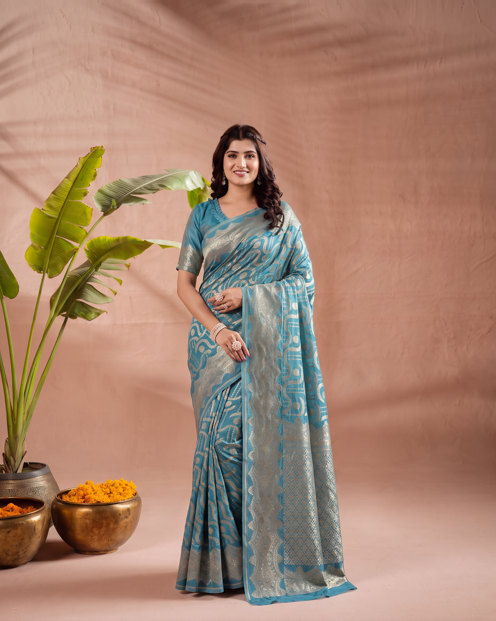 Aadvika Pastel Zari Paithani Silk Saree - Firozi Blue - full saree hero