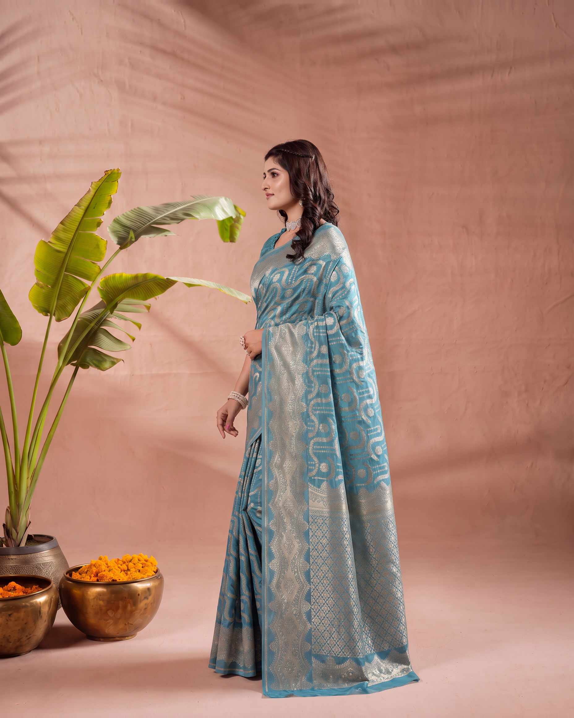 Aadvika Pastel Zari Paithani Silk Saree - Firozi Blue - side drape