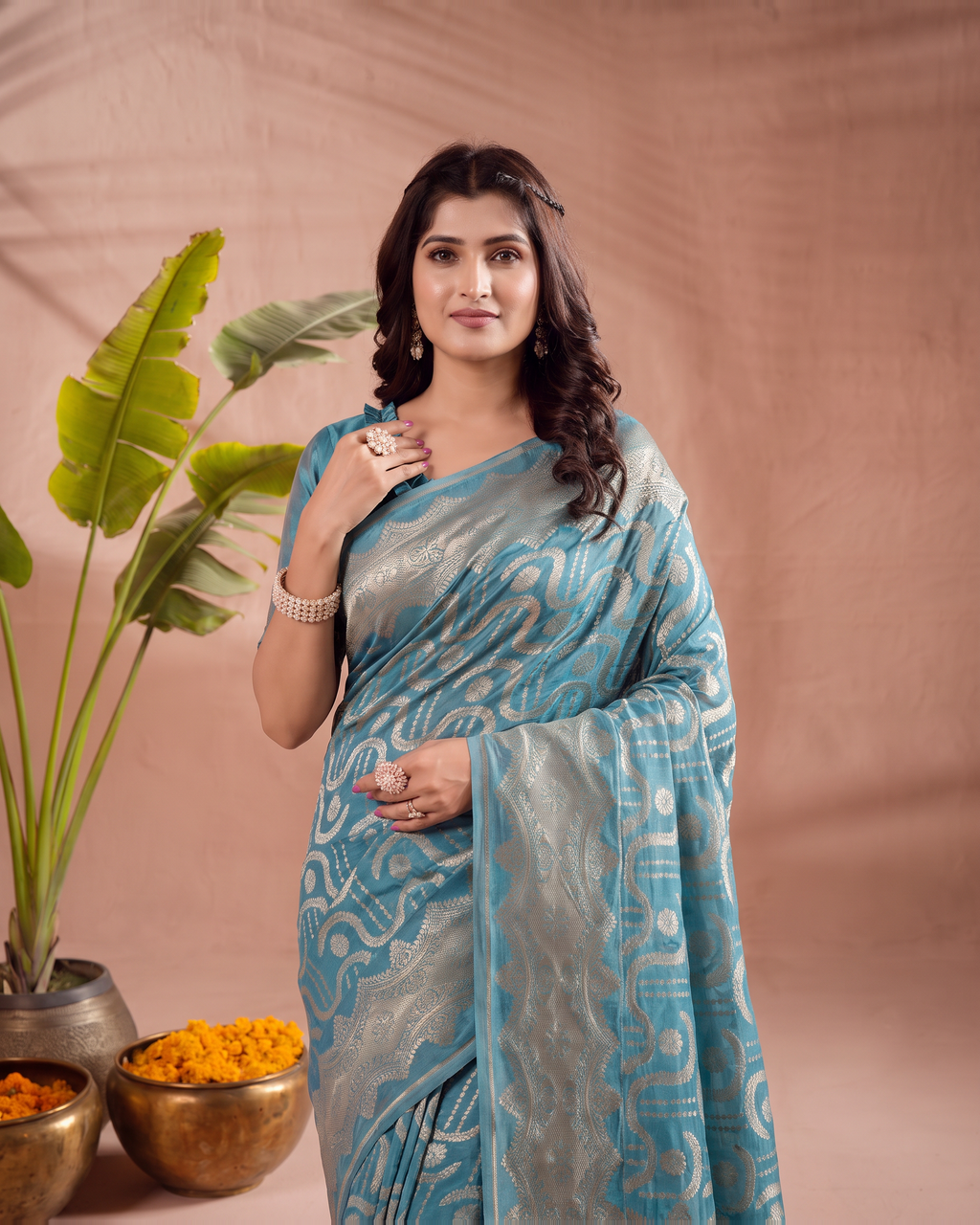 Aadvika Pastel Zari Paithani Silk Saree - Firozi Blue - upper closeup