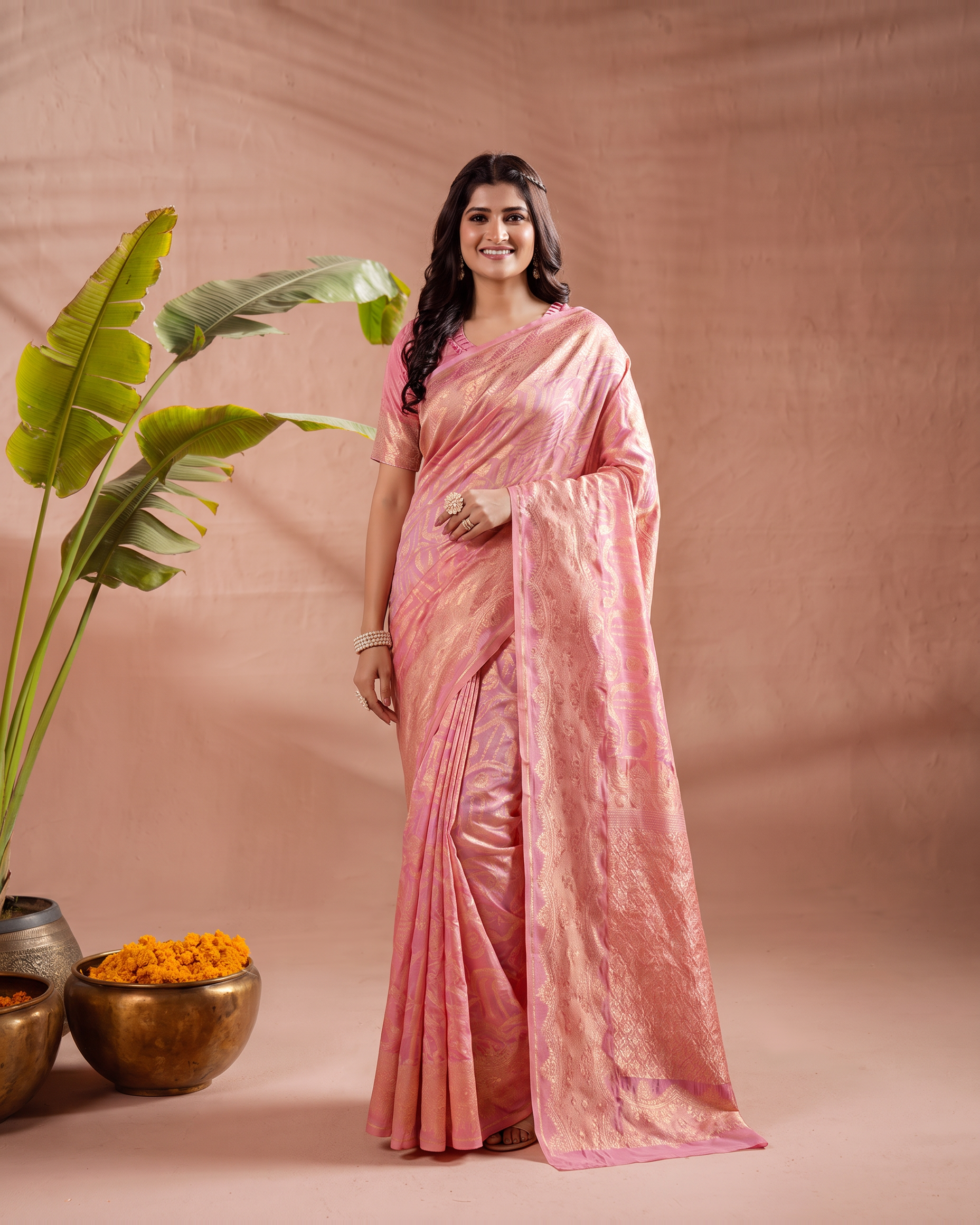 Aadvika Pastel Zari Banarasi Silk Saree - Pink - full saree hero