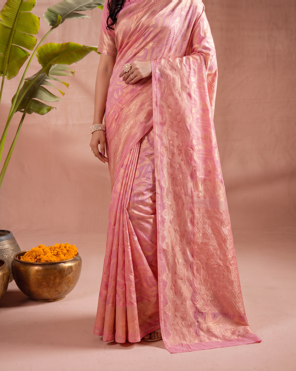Aadvika Pastel Zari Paithani Silk Saree - Pink - lower border closeup