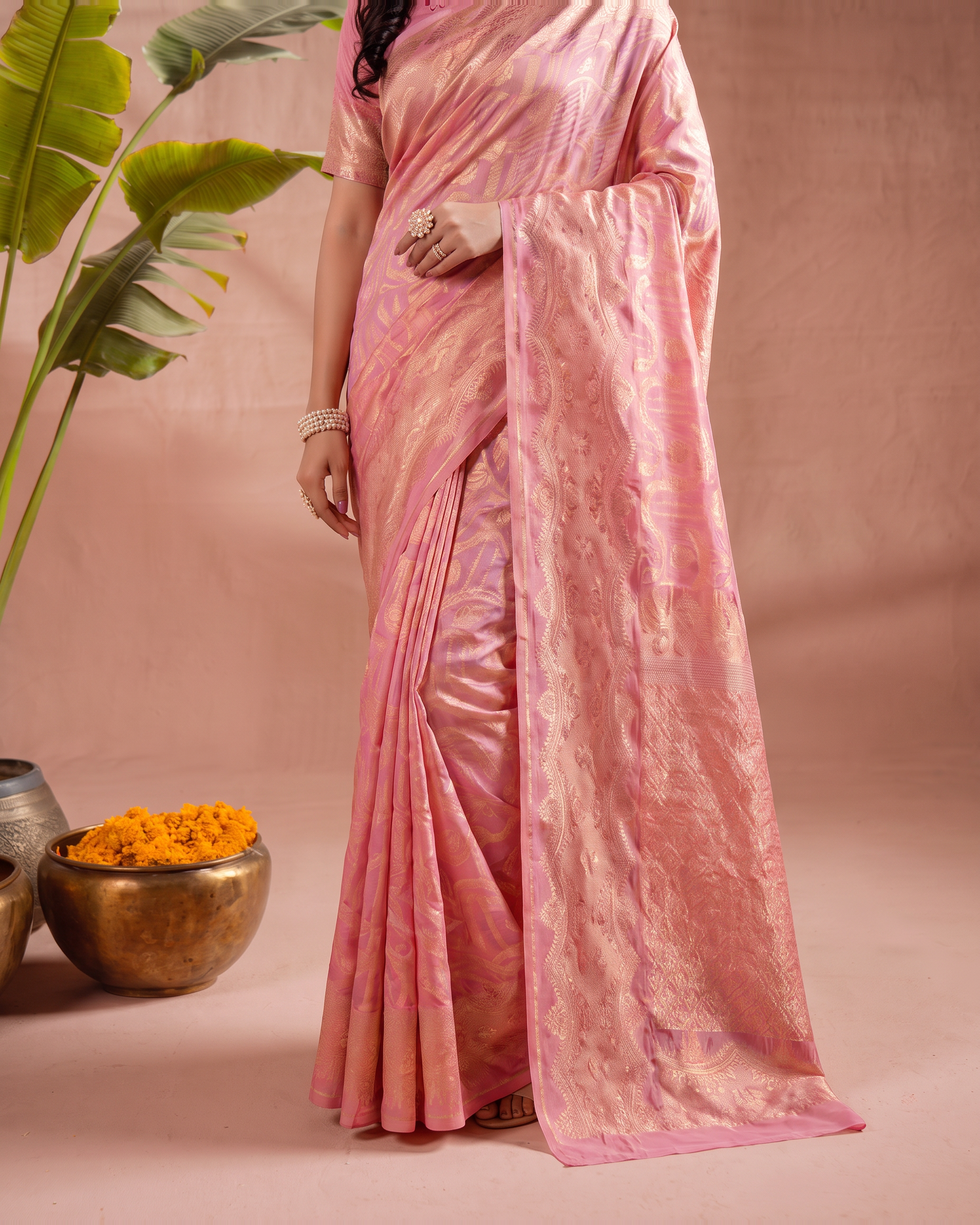 Aadvika Pastel Zari Paithani Silk Saree - Pink - lower border closeup