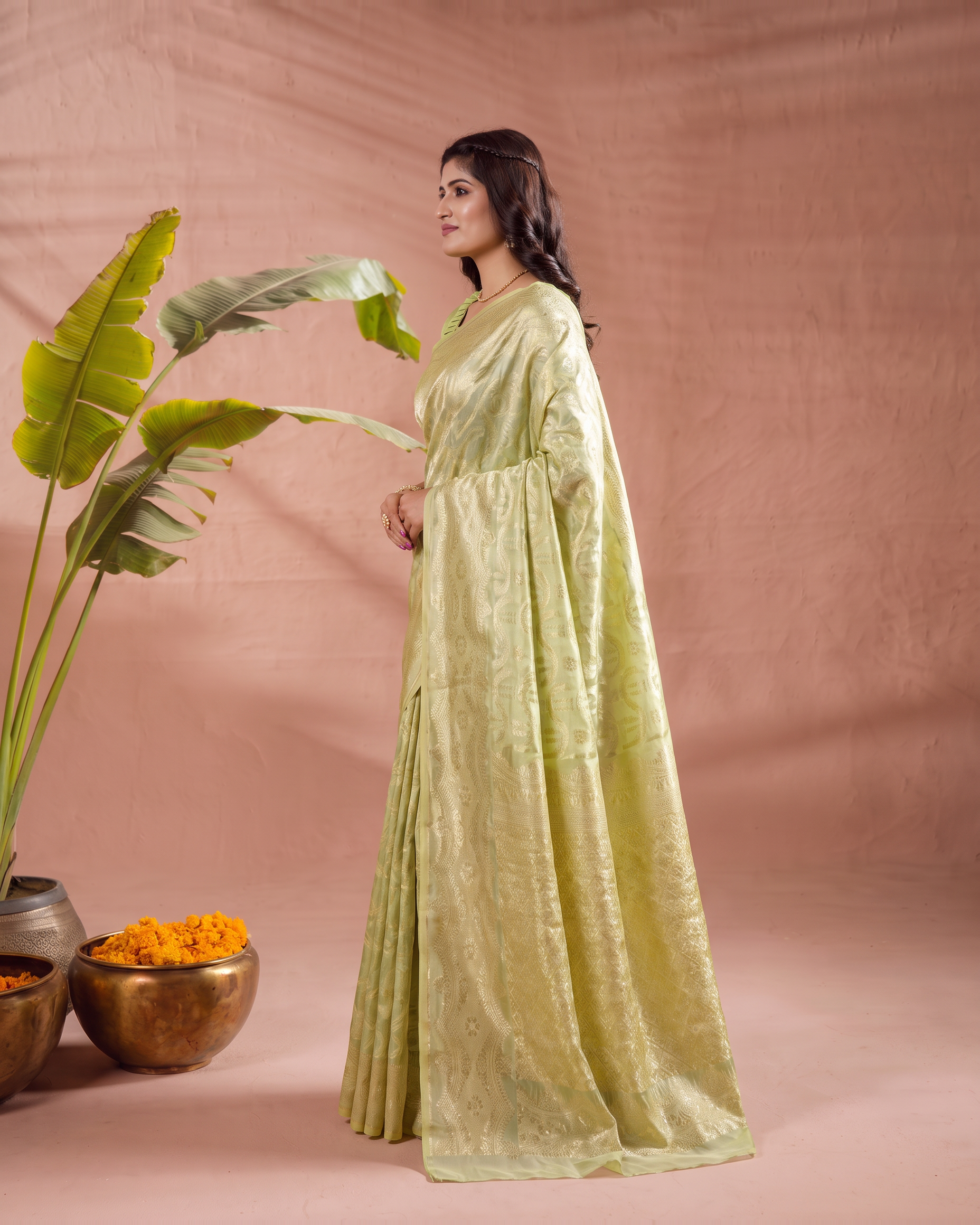 Aadvika Pastel Zari Paithani Silk Saree - Pista Green - side drape