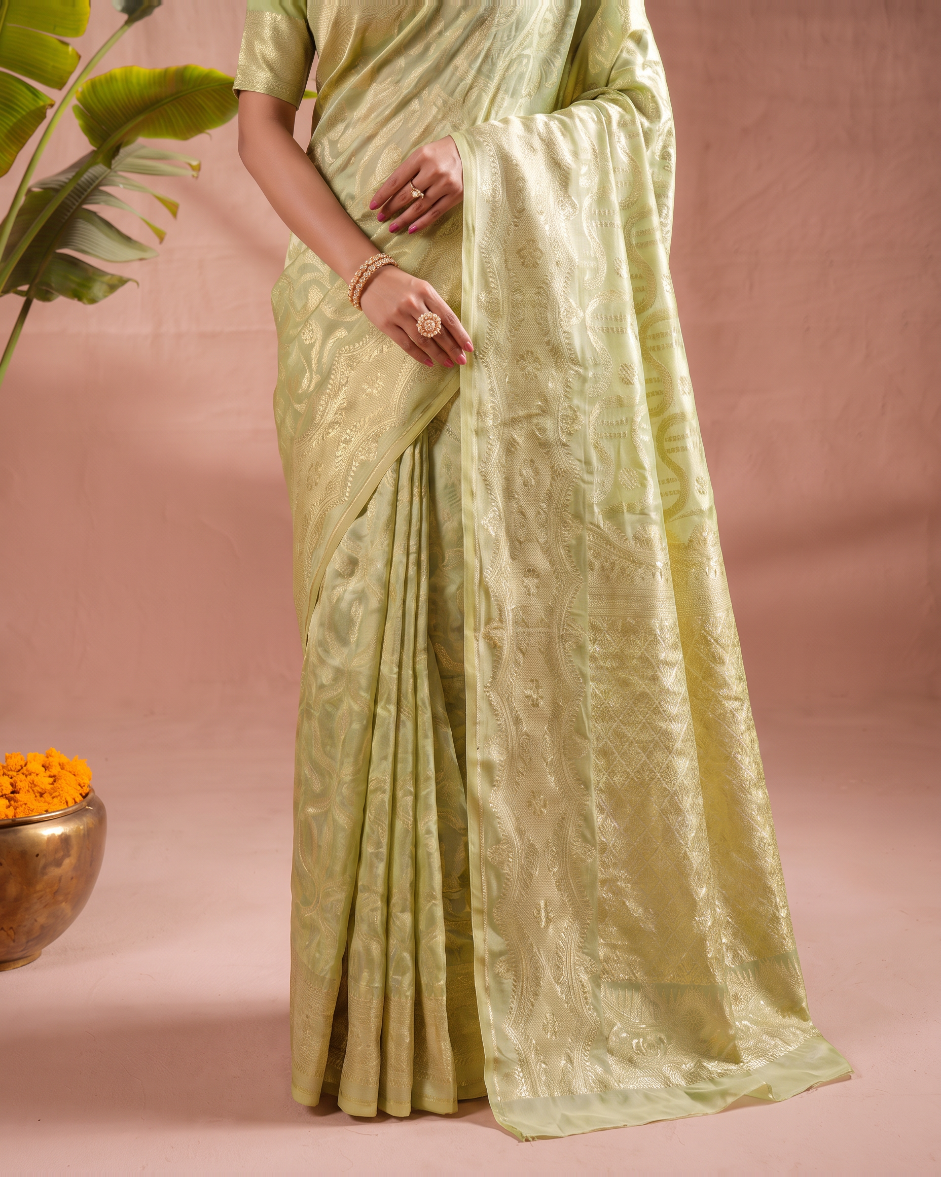 Aadvika Pastel Zari Paithani Silk Saree - Pista Green - lower border closeup