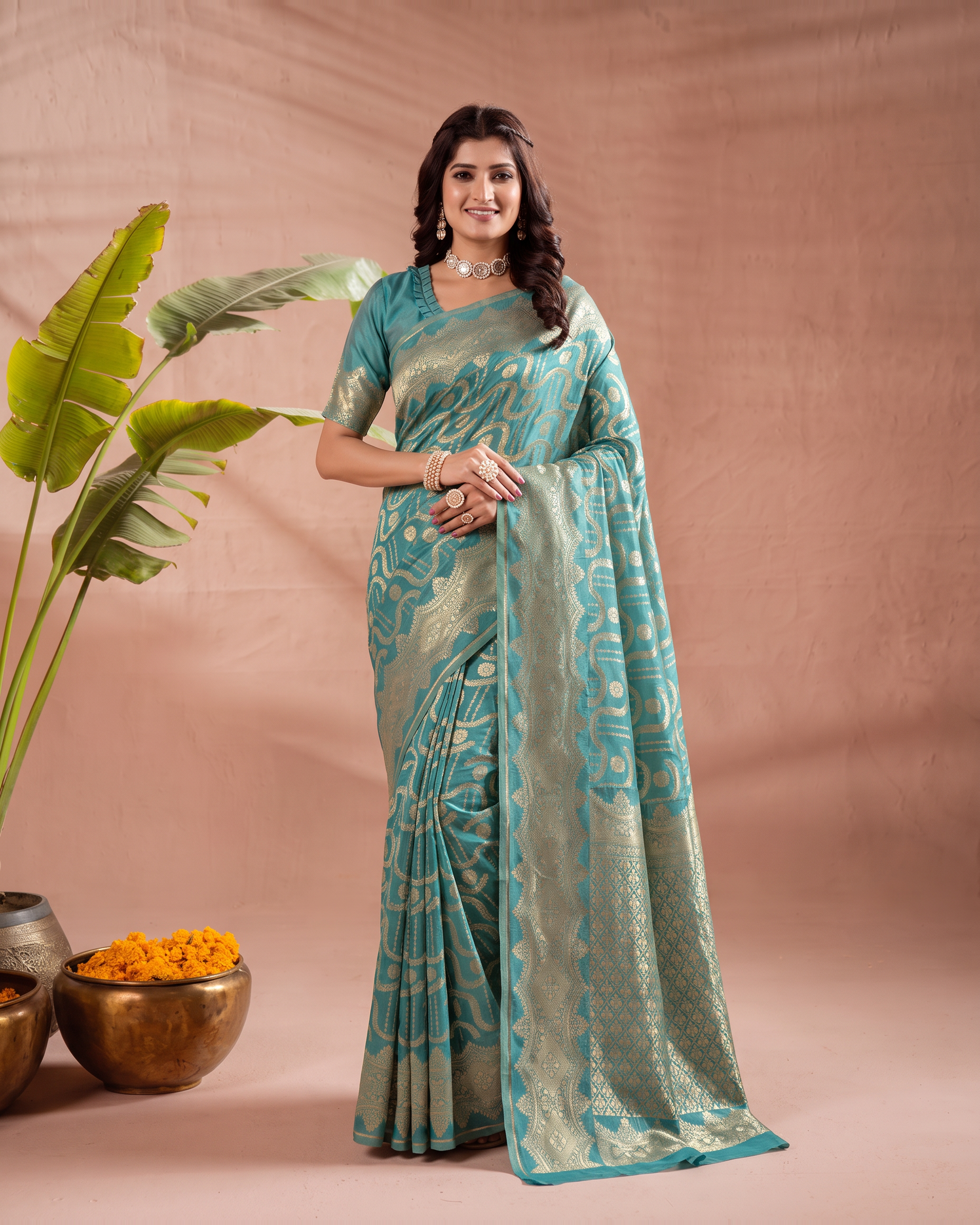 Aadvika Pastel Zari Banarasi Silk Saree - Rama Green - full saree hero