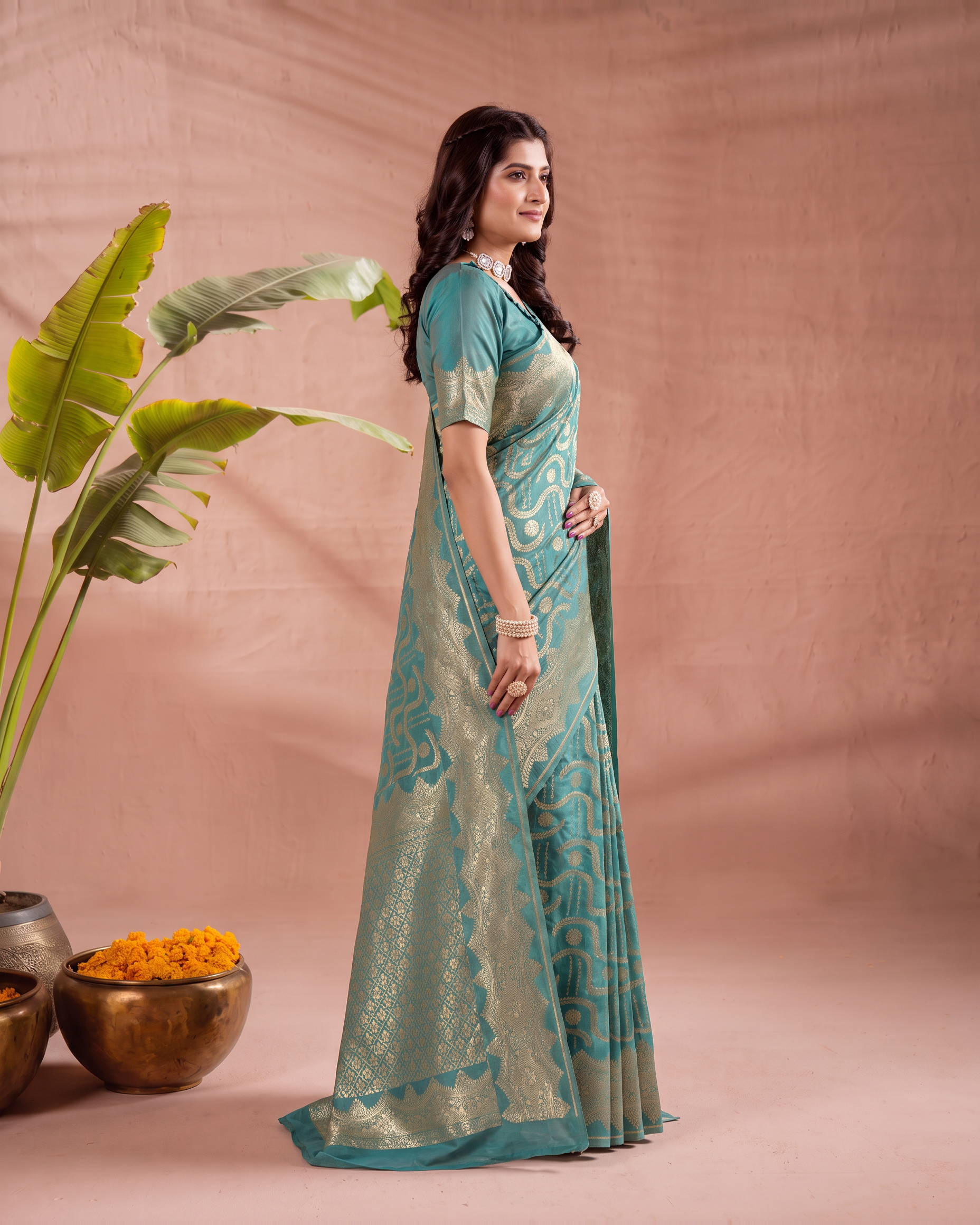 Aadvika Pastel Zari Paithani Silk Saree - Rama Green - side drape