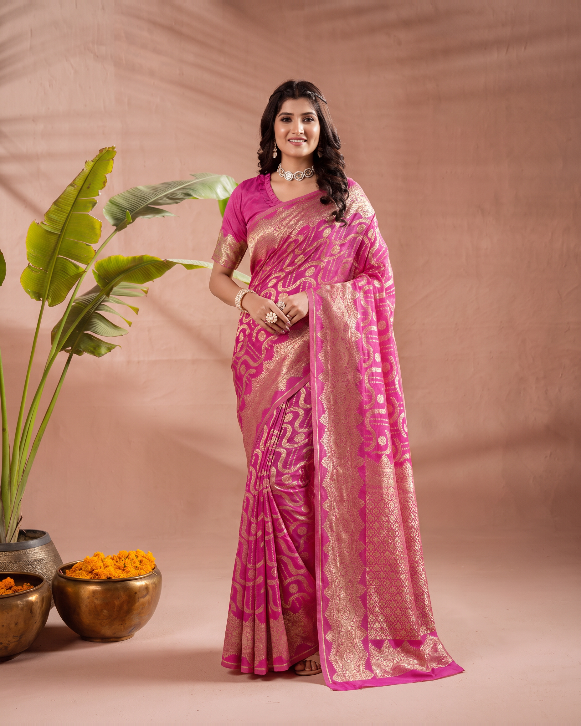 Aadvika Pastel Zari Banarasi Silk Saree - Rani Pink - full saree hero