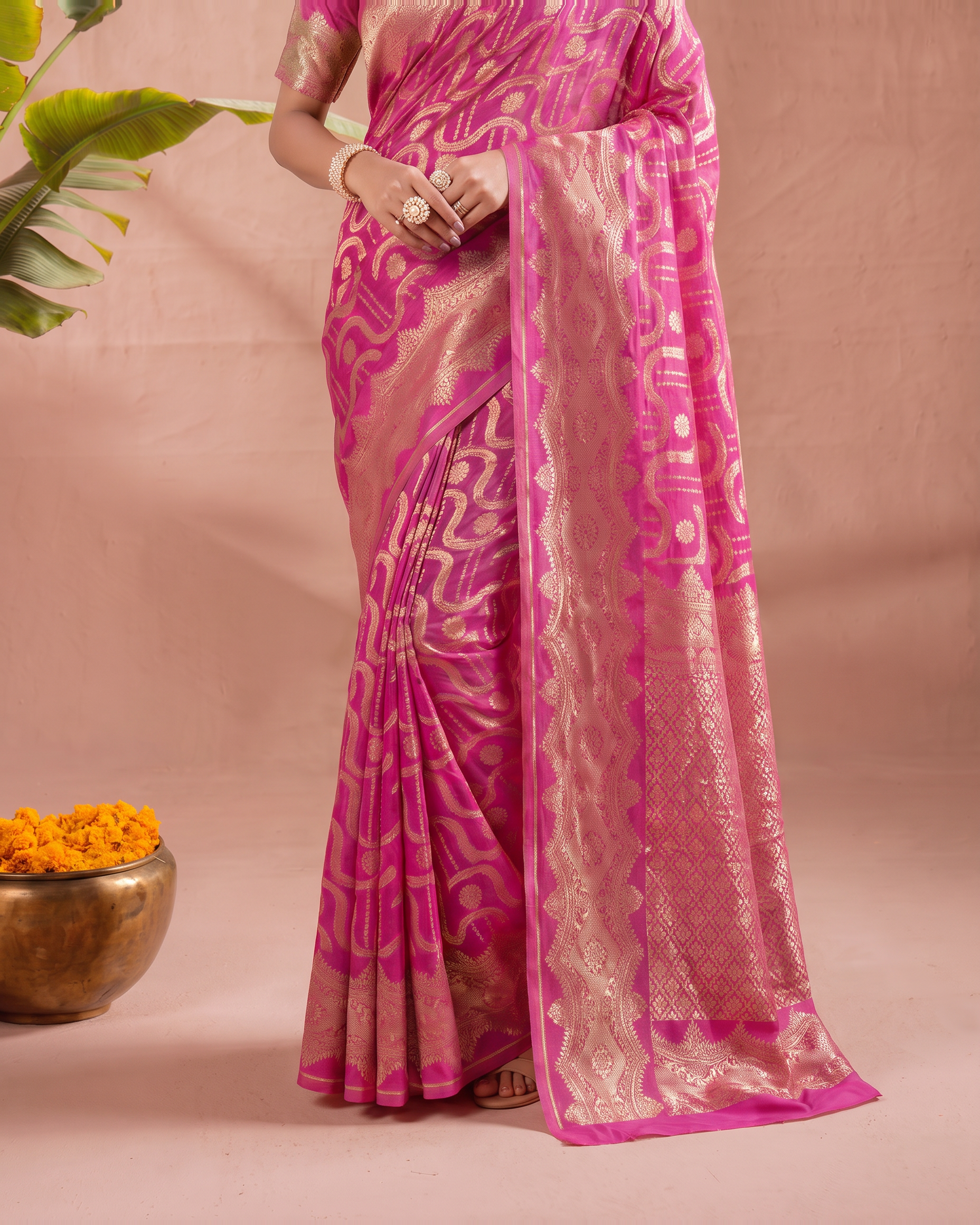 Aadvika Pastel Zari Paithani Silk Saree - Rani Pink - lower border closeup