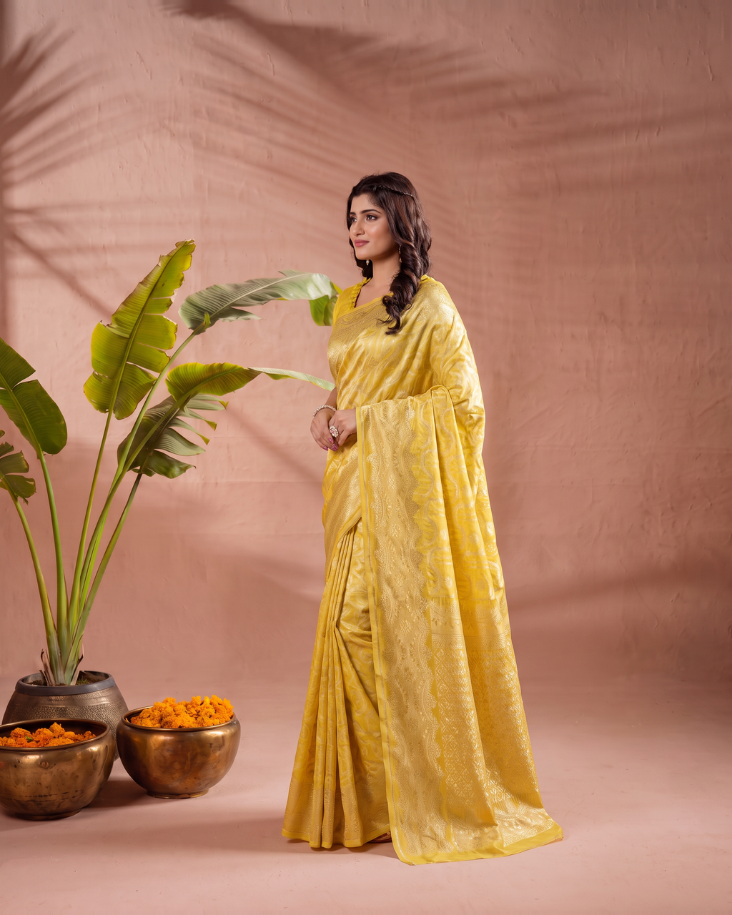 Aadvika Pastel Zari Paithani Silk Saree - Yellow - side drape