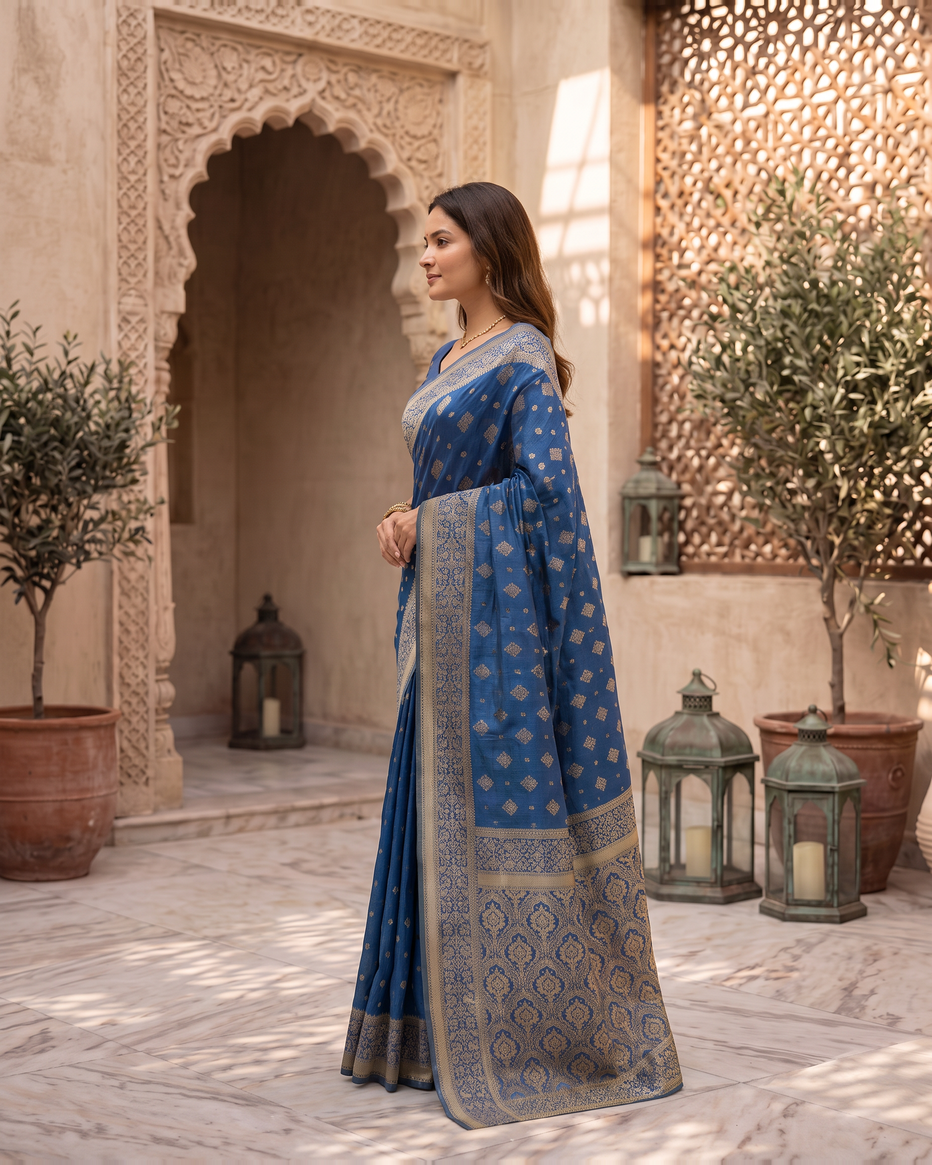 Aanya Modak Motif Festive Saree with Classic Border - Blue - side