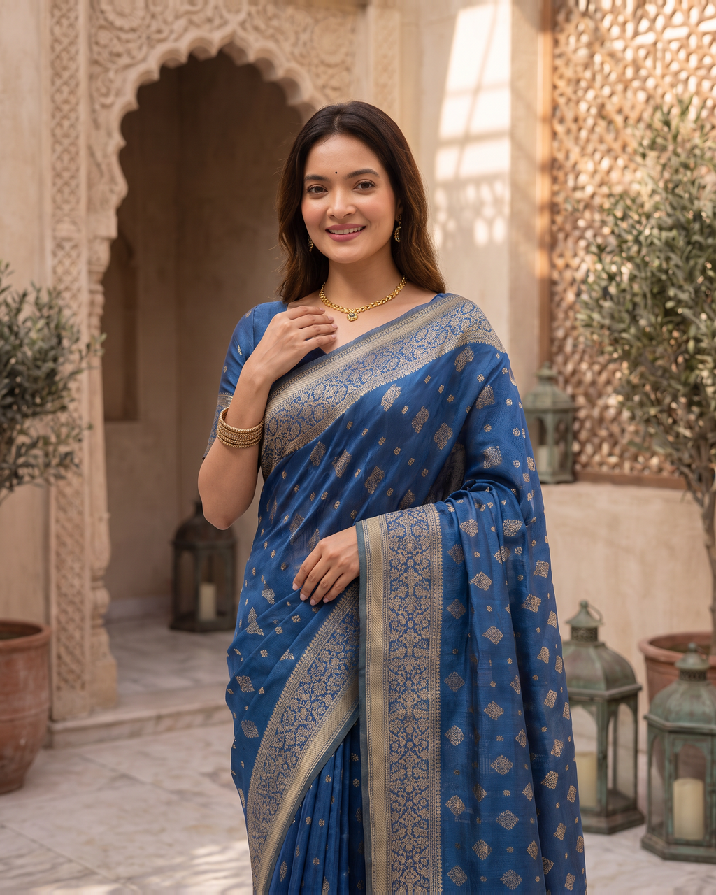 Aanya Modak Motif Festive Saree with Classic Border - Blue - upper closeup