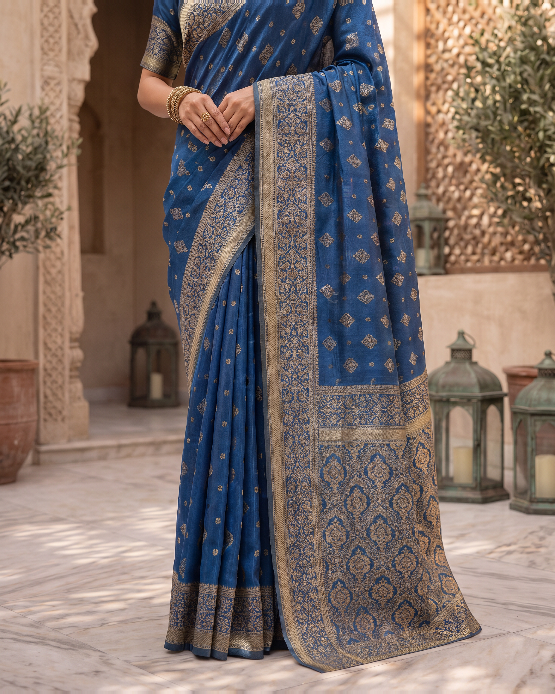 Aanya Modak Motif Festive Saree with Classic Border - Blue - lower closeup