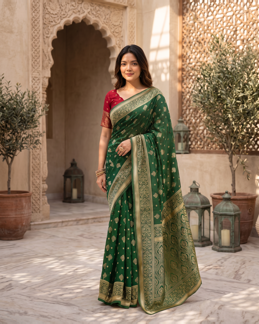 Aanya Modak Motif Festive Saree with Classic Border - Green - full saree hero