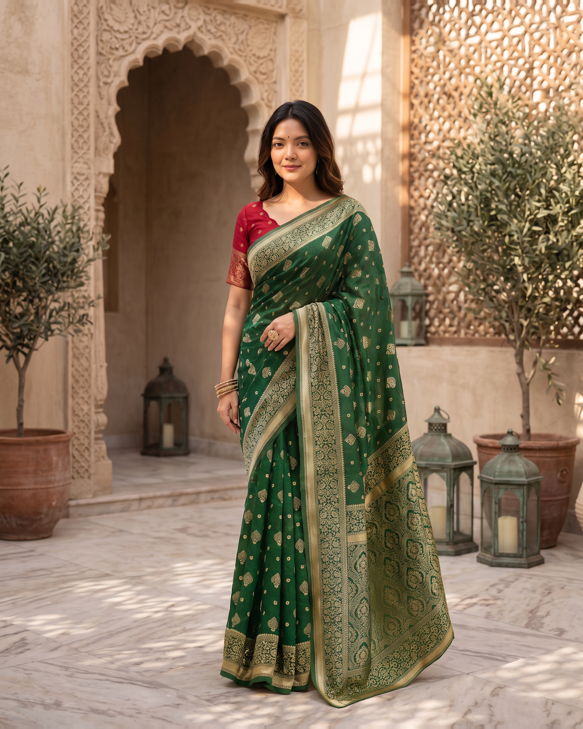 Aanya Modak Motif Festive Saree with Classic Border - Green - full saree hero