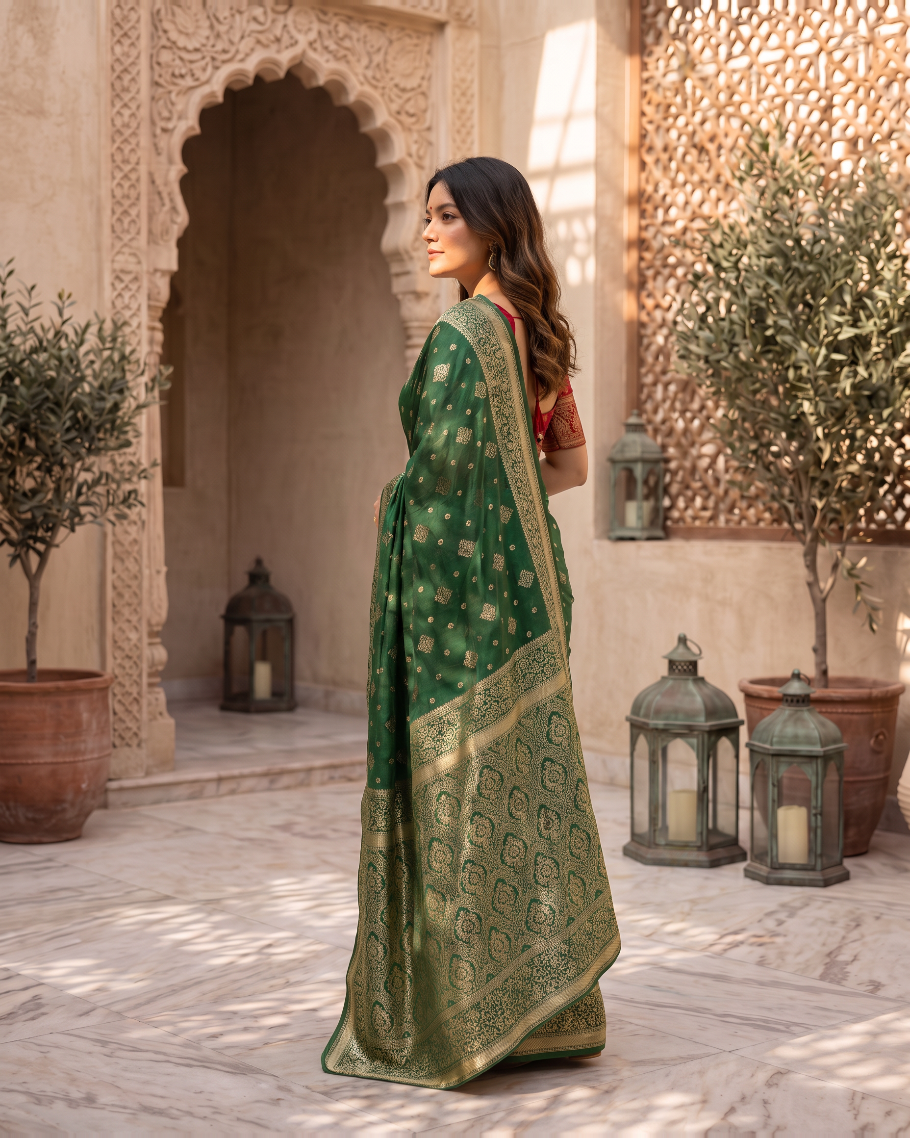 Aanya Modak Motif Festive Saree with Classic Border - Green - side