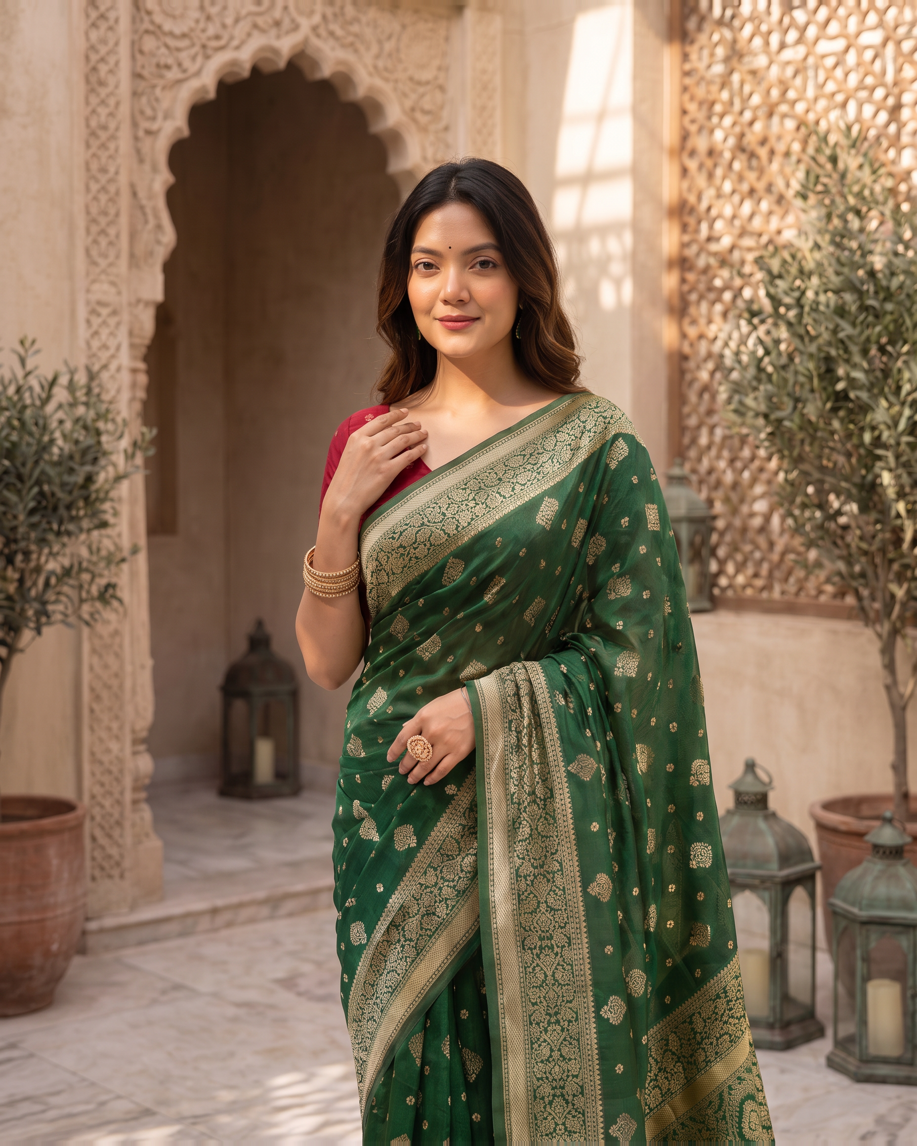 Aanya Modak Motif Festive Saree with Classic Border - Green - upper closeup