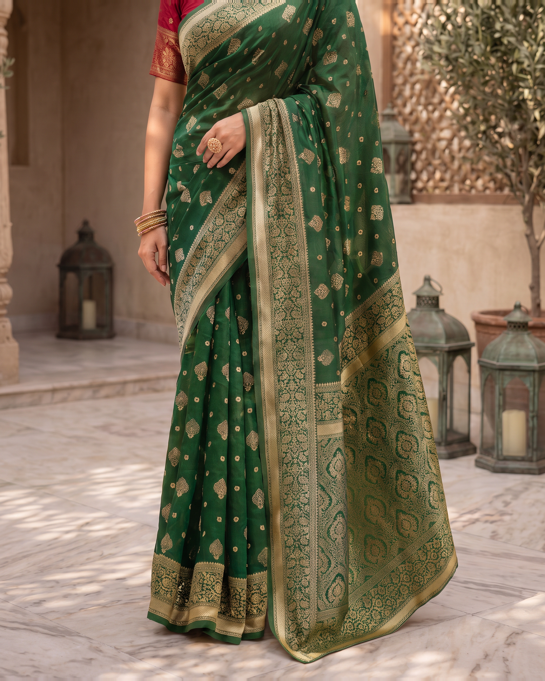 Aanya Modak Motif Festive Saree with Classic Border - Green - lower closeup