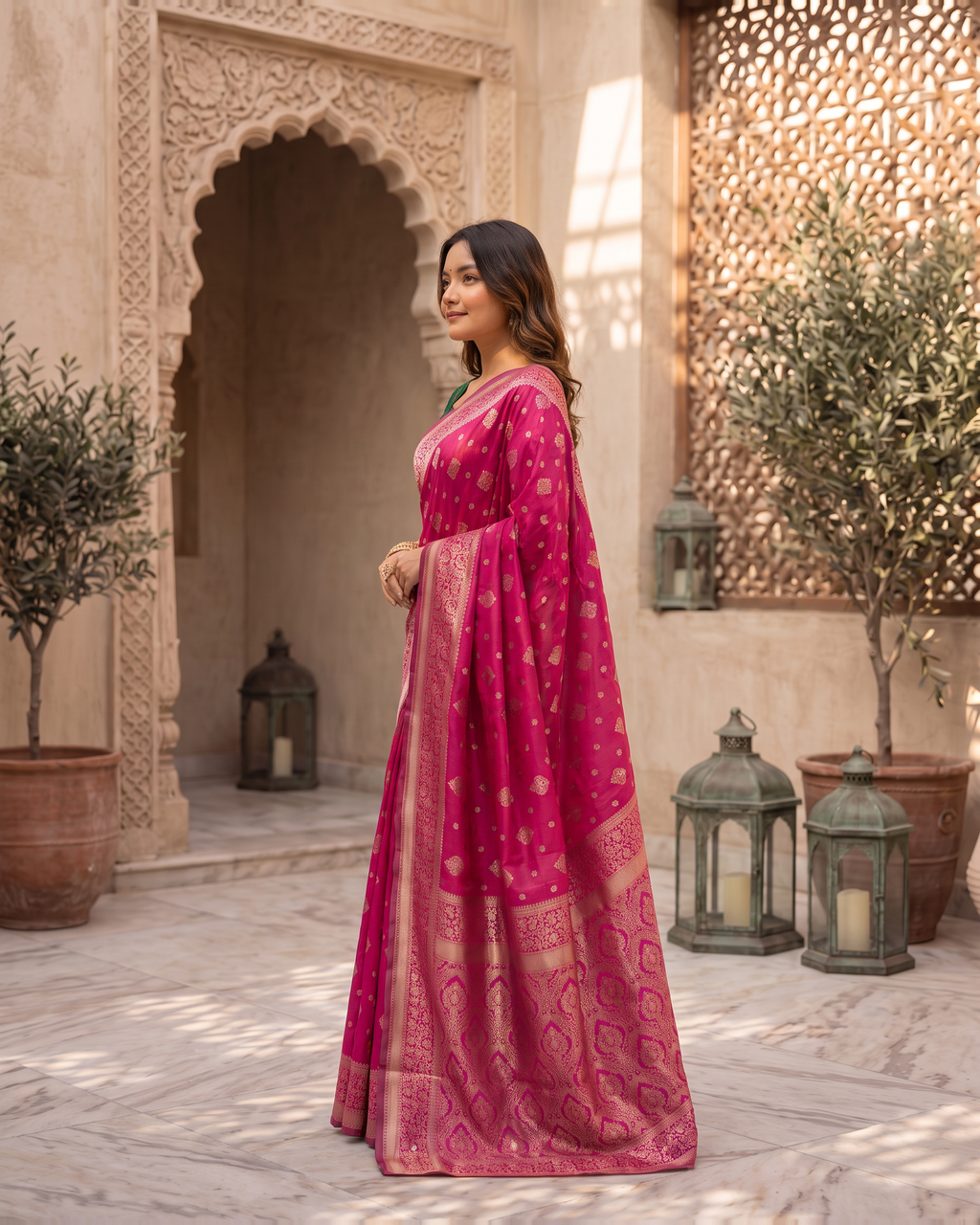 Aanya Modak Motif Festive Saree with Classic Border - Pink - side