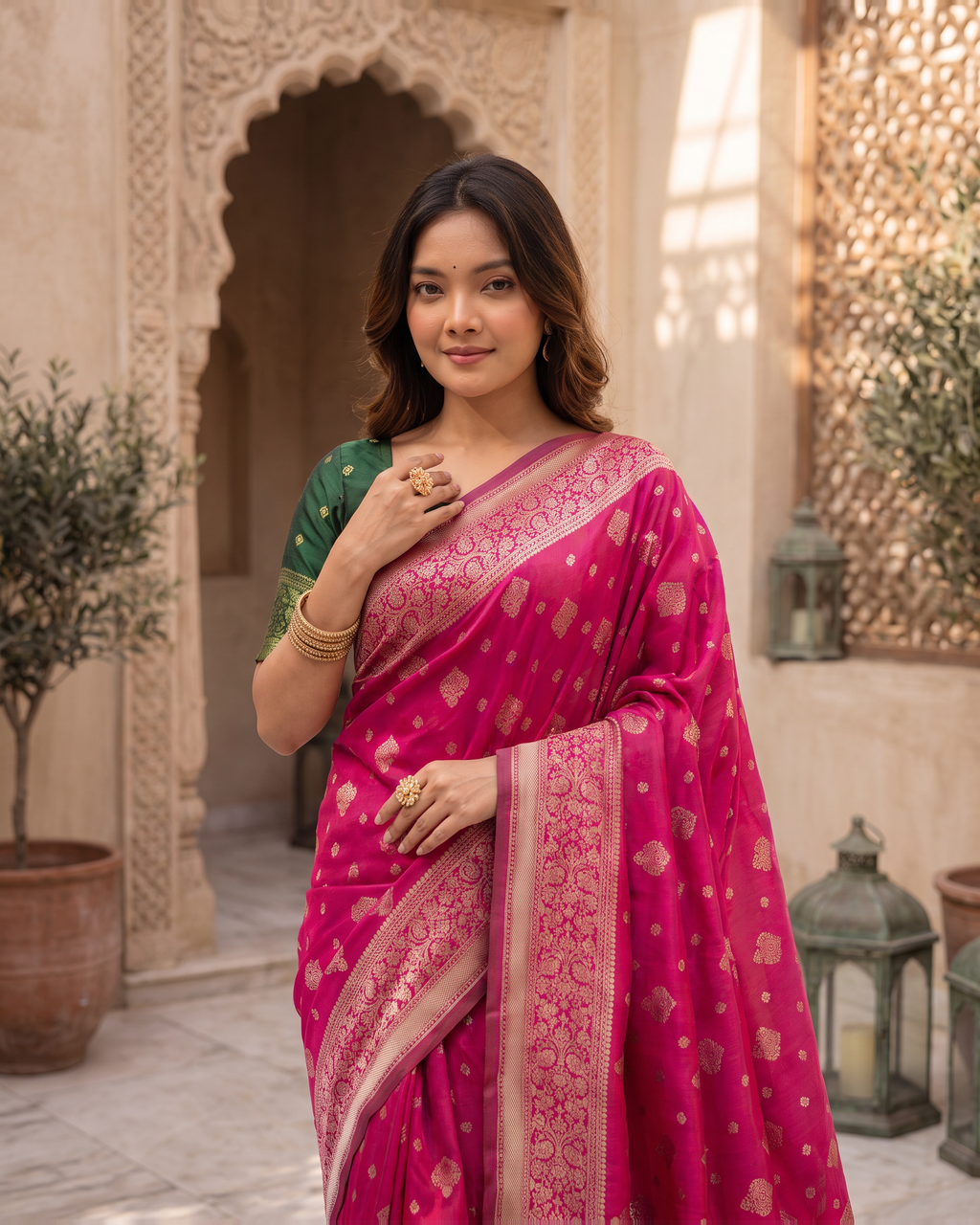 Aanya Modak Motif Festive Saree with Classic Border - Pink - upper closeup