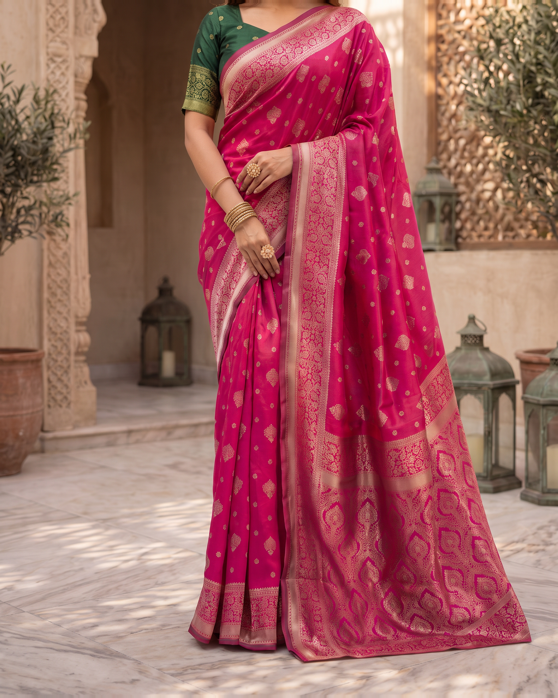 Aanya Modak Motif Festive Saree with Classic Border - Pink - lower closeup