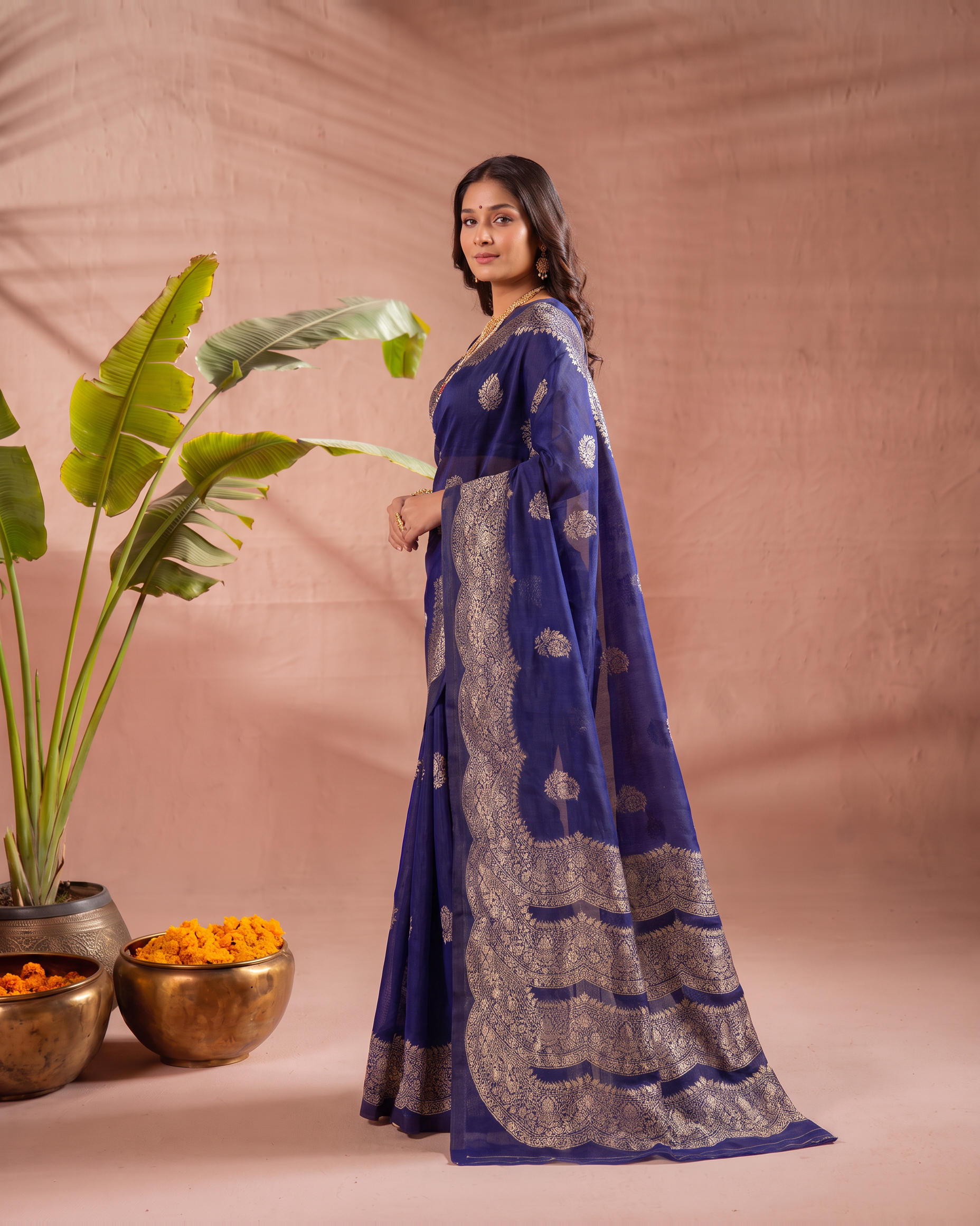 Aaradhya Peacock Pallu Paithani Silk Saree - Navy Blue - side drape