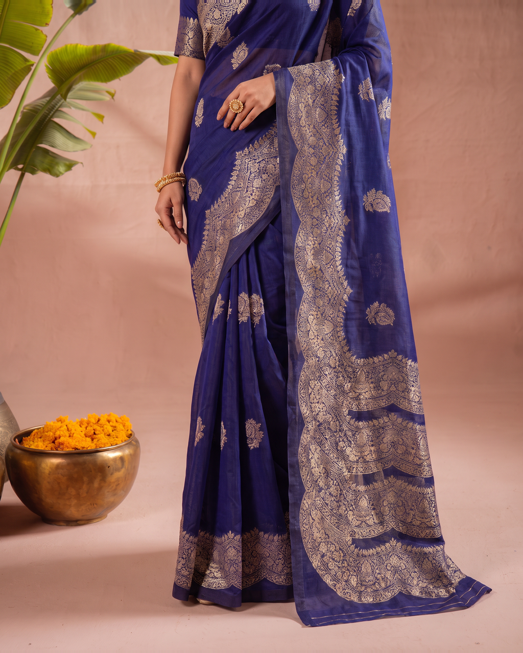 Aaradhya Peacock Pallu Paithani Silk Saree - Navy Blue - lower border closeup