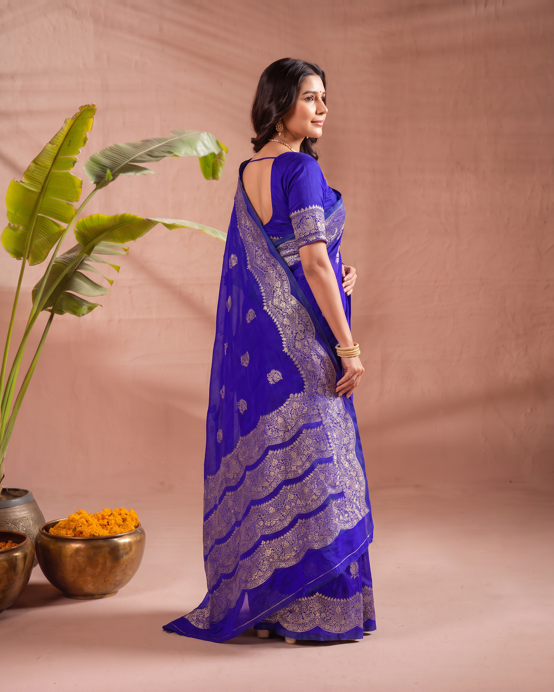 Aaradhya Peacock Pallu Paithani Silk Saree - Royal Blue - side drape