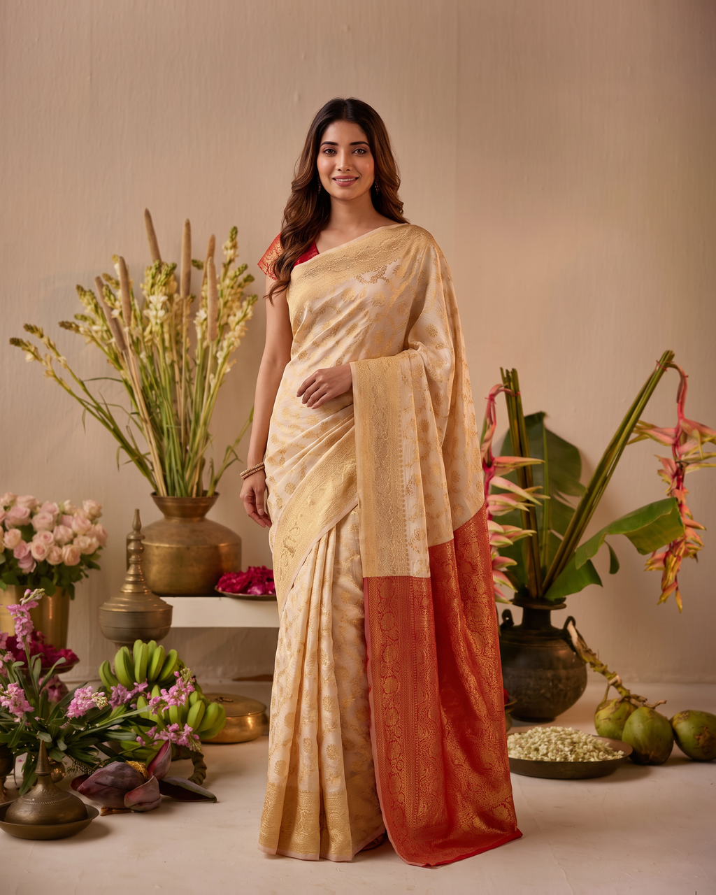 Aaravi Feather Pattern Festive Saree with Light Designer Pallu - Beige Red - full saree hero