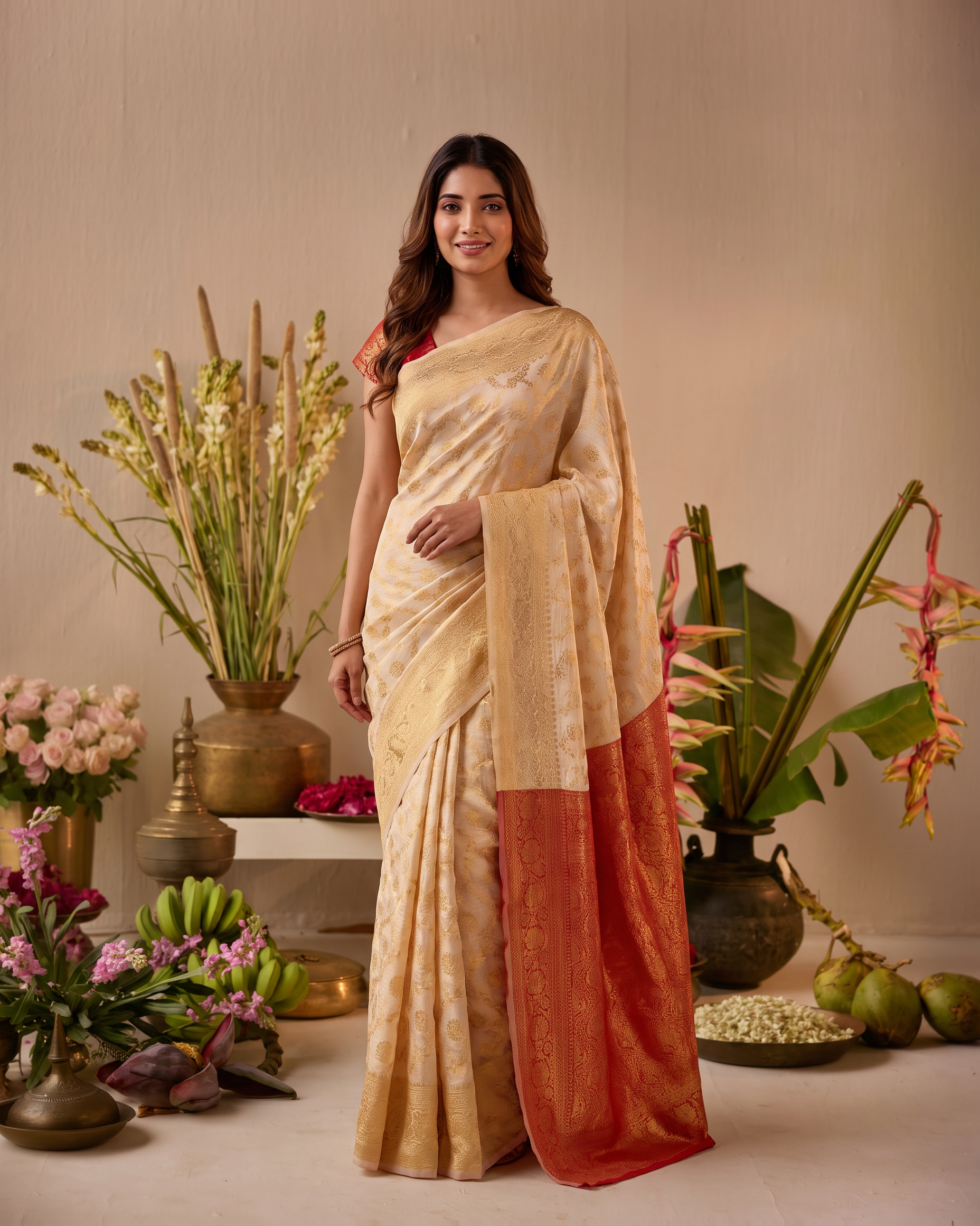 Aaravi Feather Pattern Festive Saree with Light Designer Pallu - Beige Red - full saree hero