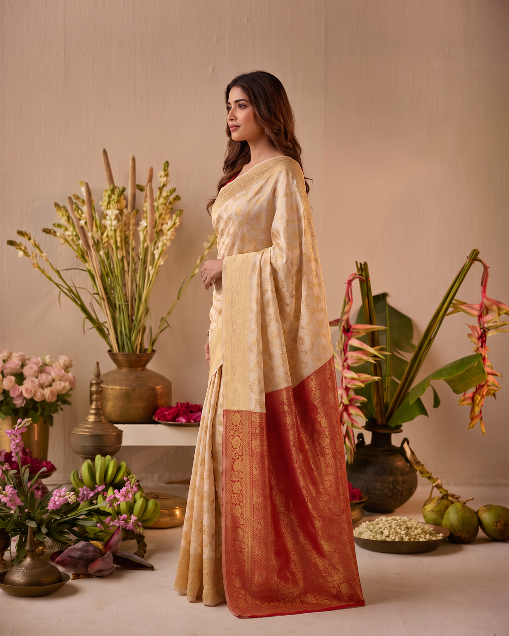 Aaravi Feather Pattern Festive Saree with Light Designer Pallu - Beige Red - side