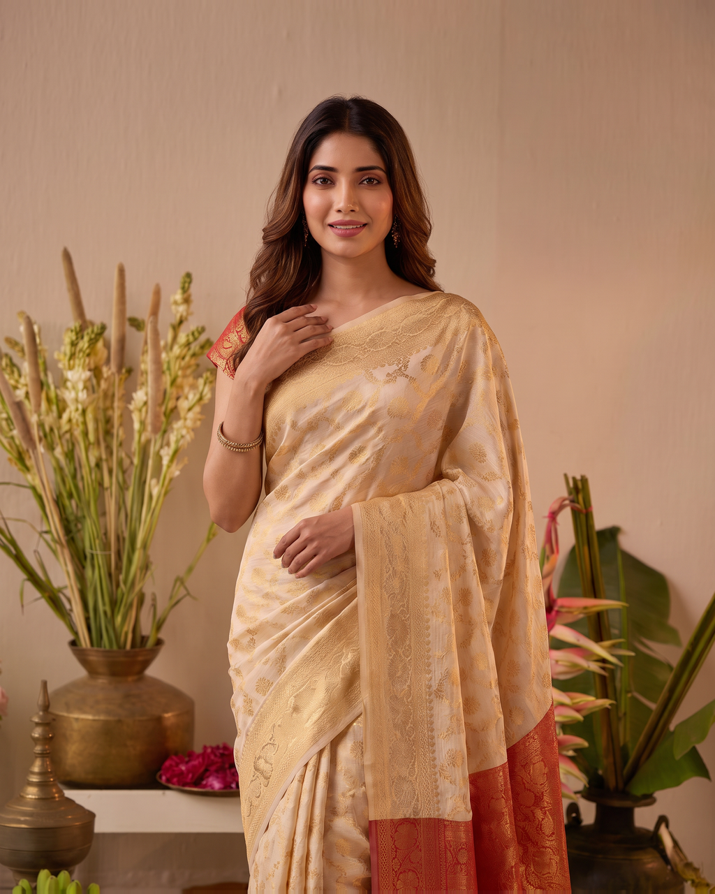 Aaravi Feather Pattern Festive Saree with Light Designer Pallu - Beige Red - upper closeup