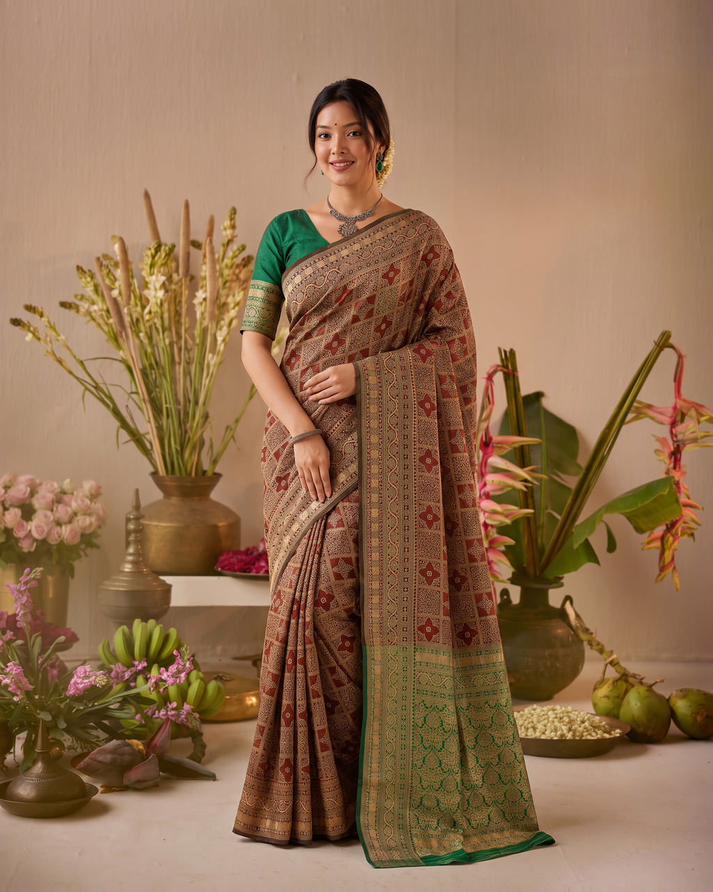 Aaravi Feather Pattern Festive Saree with Light Designer Pallu - Brown Green - full saree hero