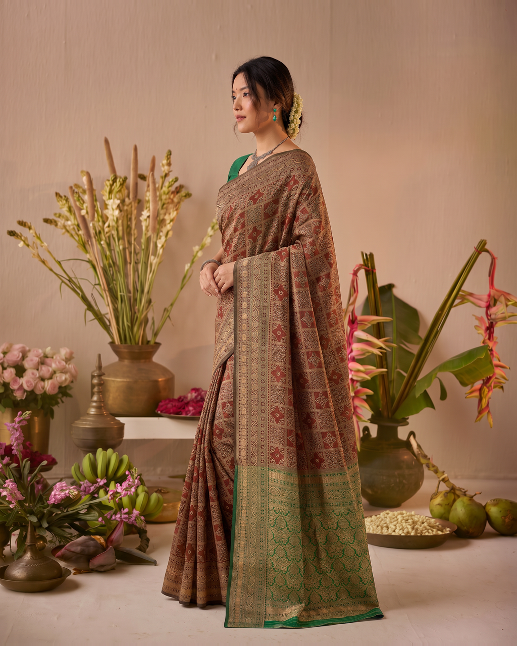 Aaravi Feather Pattern Festive Saree with Light Designer Pallu - Brown Green - side