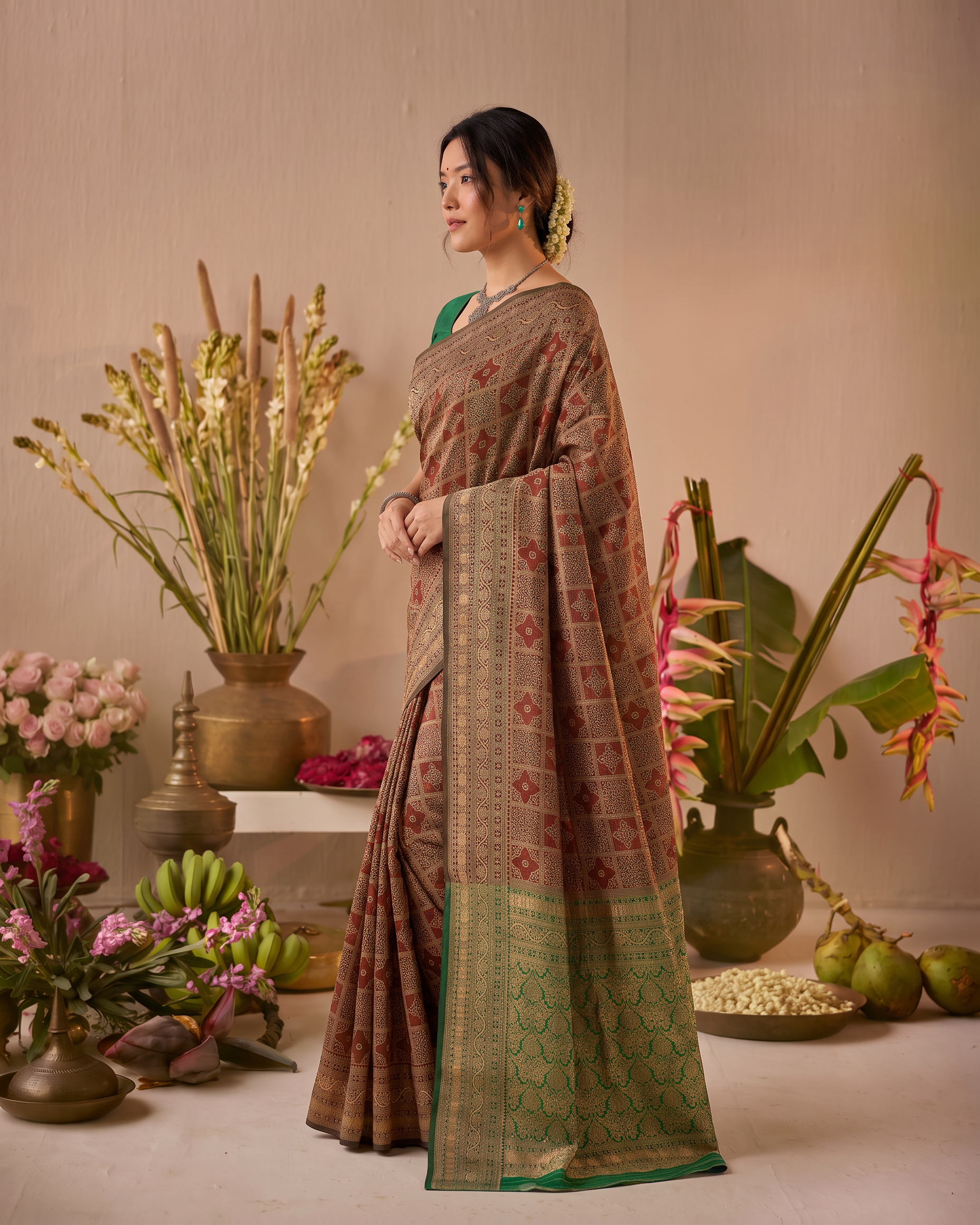 Aaravi Feather Pattern Festive Saree with Light Designer Pallu - Brown Green - side