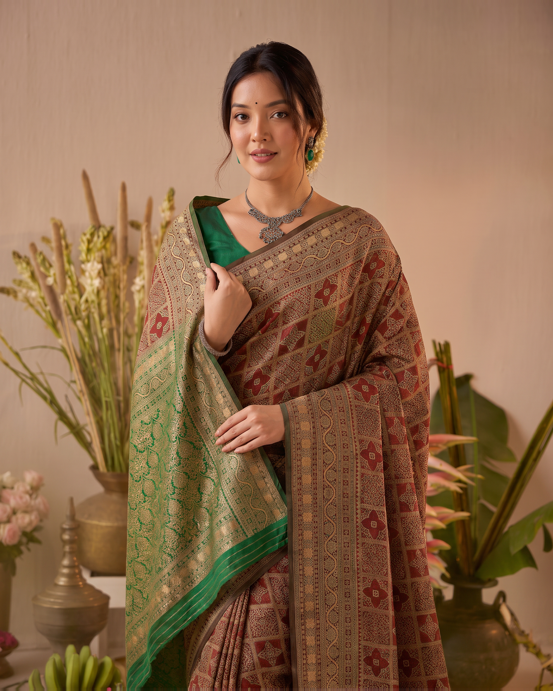 Aaravi Feather Pattern Festive Saree with Light Designer Pallu - Brown Green - upper closeup