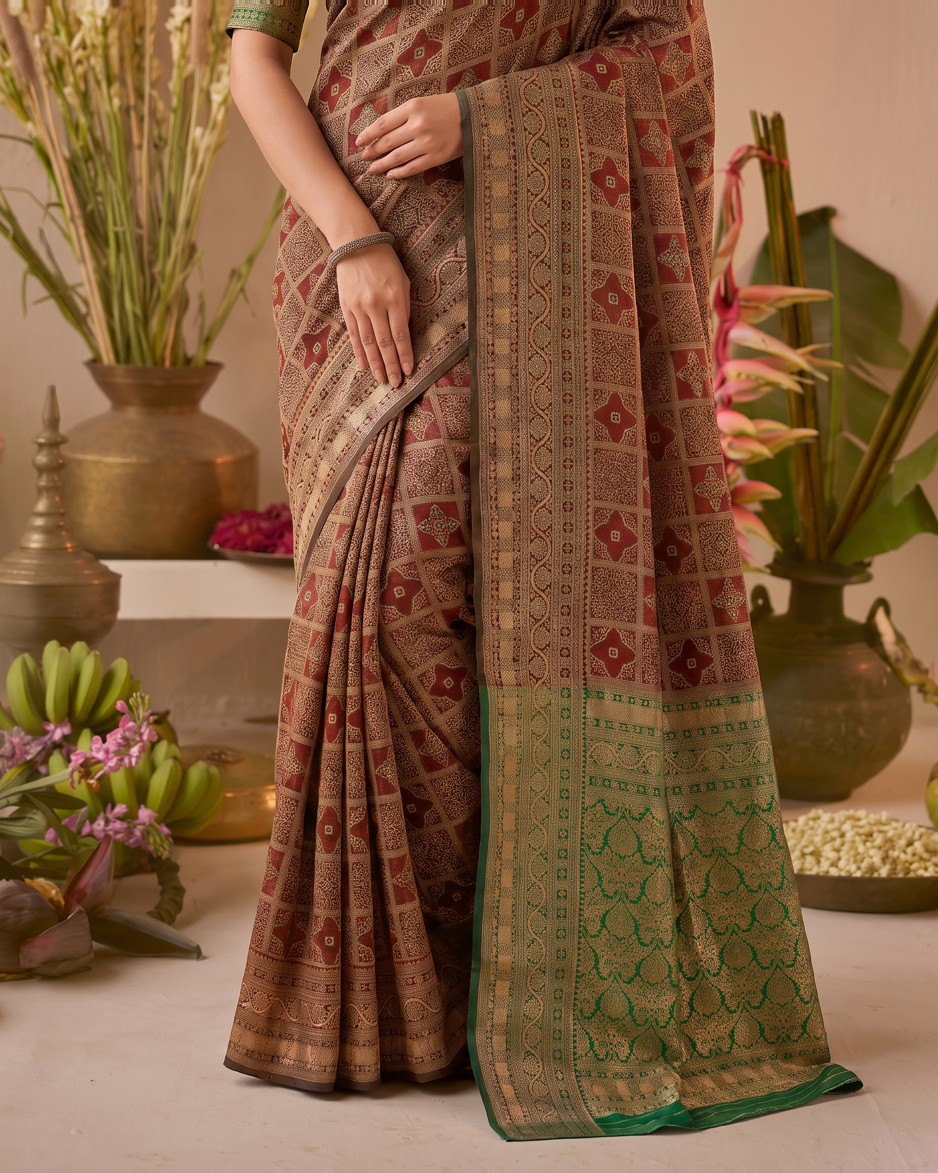 Aaravi Feather Pattern Festive Saree with Light Designer Pallu - Brown Green - lower closeup