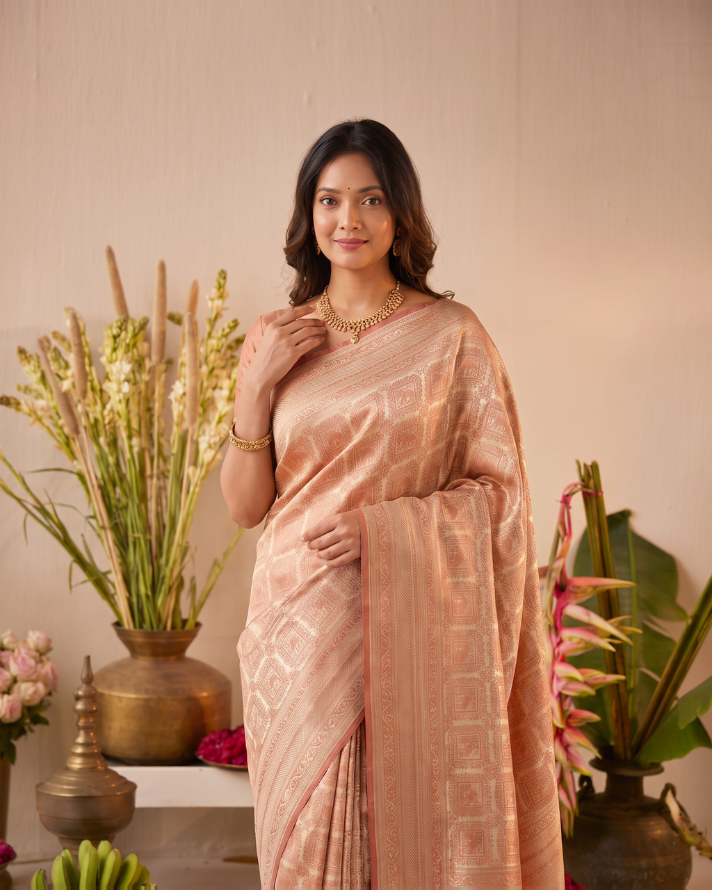 Aaravi Feather Pattern Festive Saree with Light Designer Pallu - Peach - upper closeup