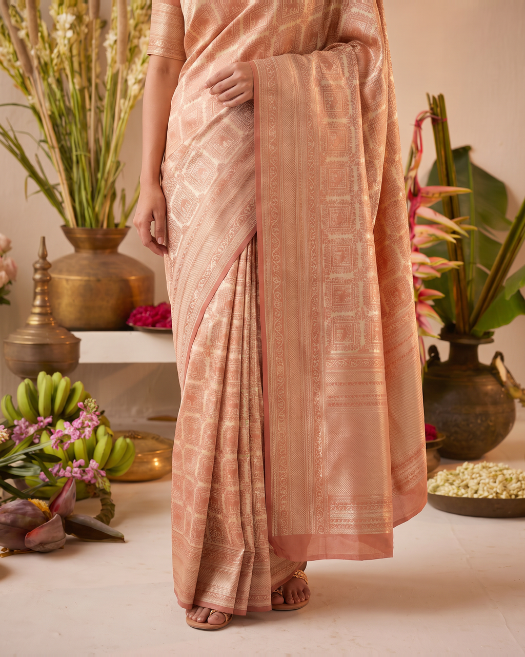 Aaravi Feather Pattern Festive Saree with Light Designer Pallu - Peach - lower closeup