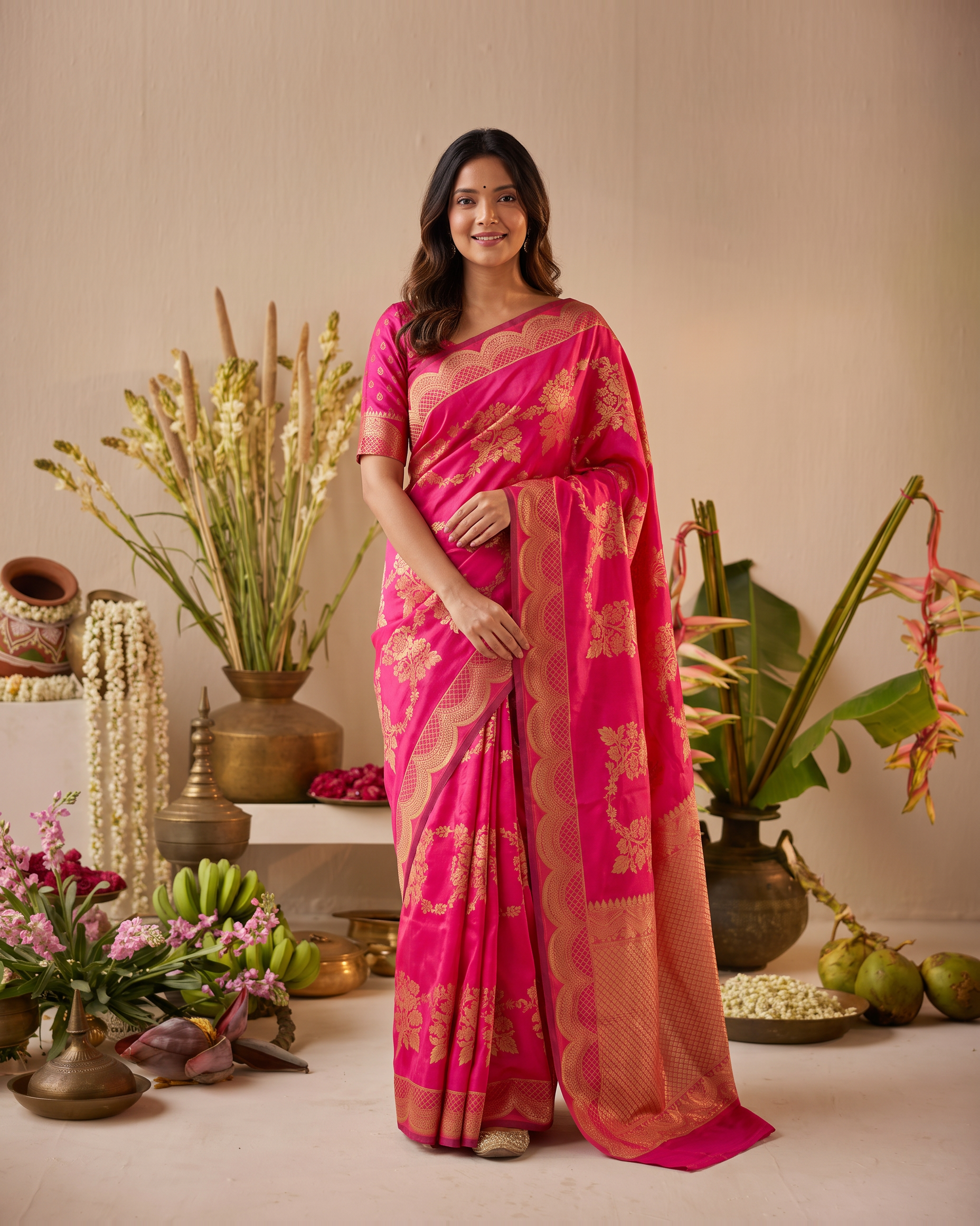 Aaravi Feather Pattern Festive Saree with Light Designer Pallu - Pink - full saree hero