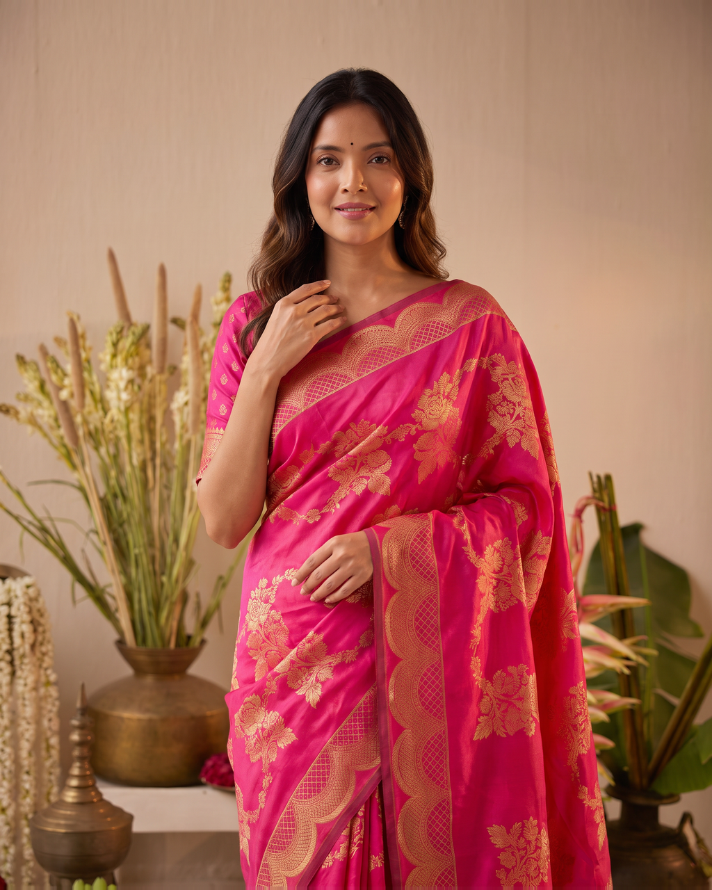 Aaravi Feather Pattern Festive Saree with Light Designer Pallu - Pink - upper closeup