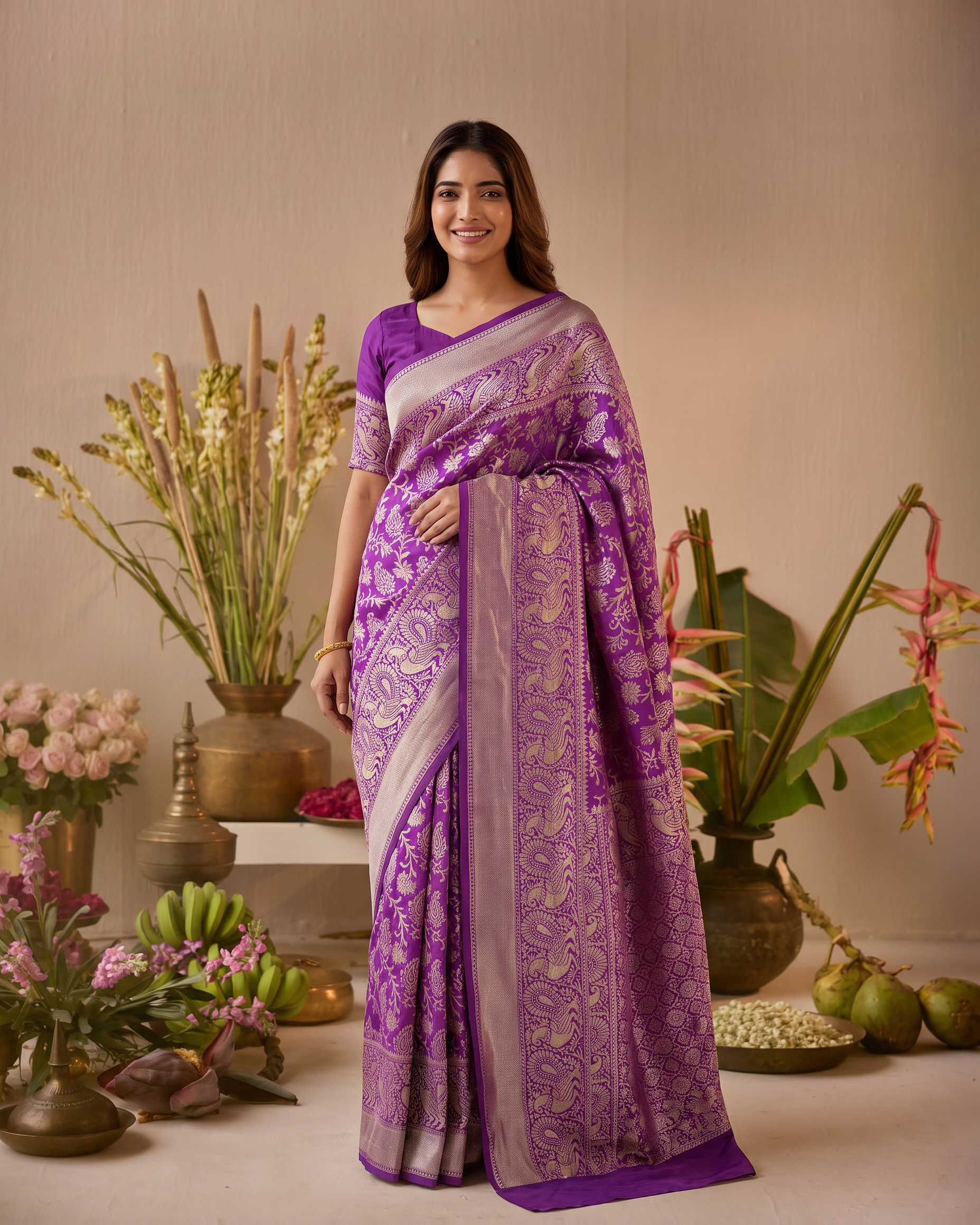 Aaravi Feather Pattern Festive Saree with Light Designer Pallu - Purple - full saree hero