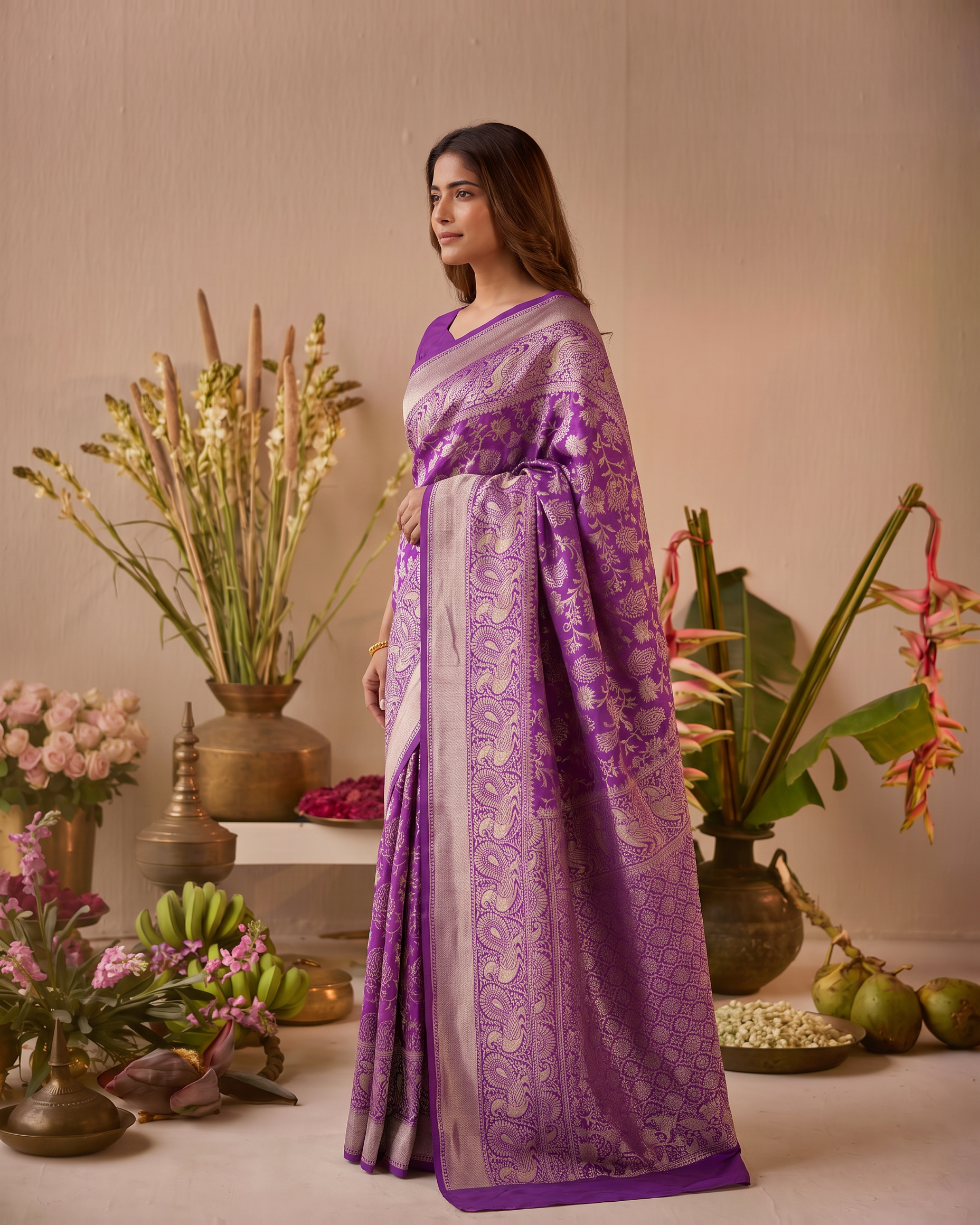 Aaravi Feather Pattern Festive Saree with Light Designer Pallu - Purple - side