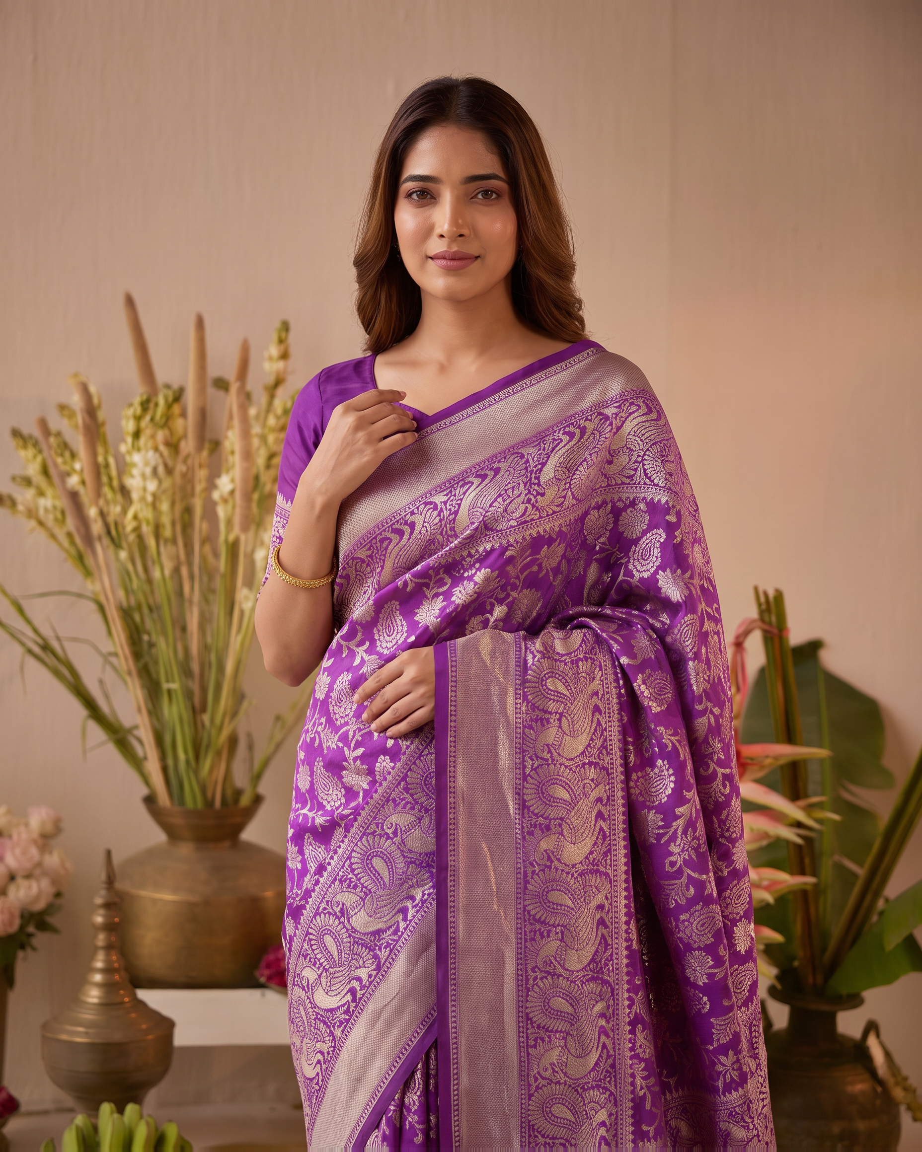 Aaravi Feather Pattern Festive Saree with Light Designer Pallu - Purple - upper closeup