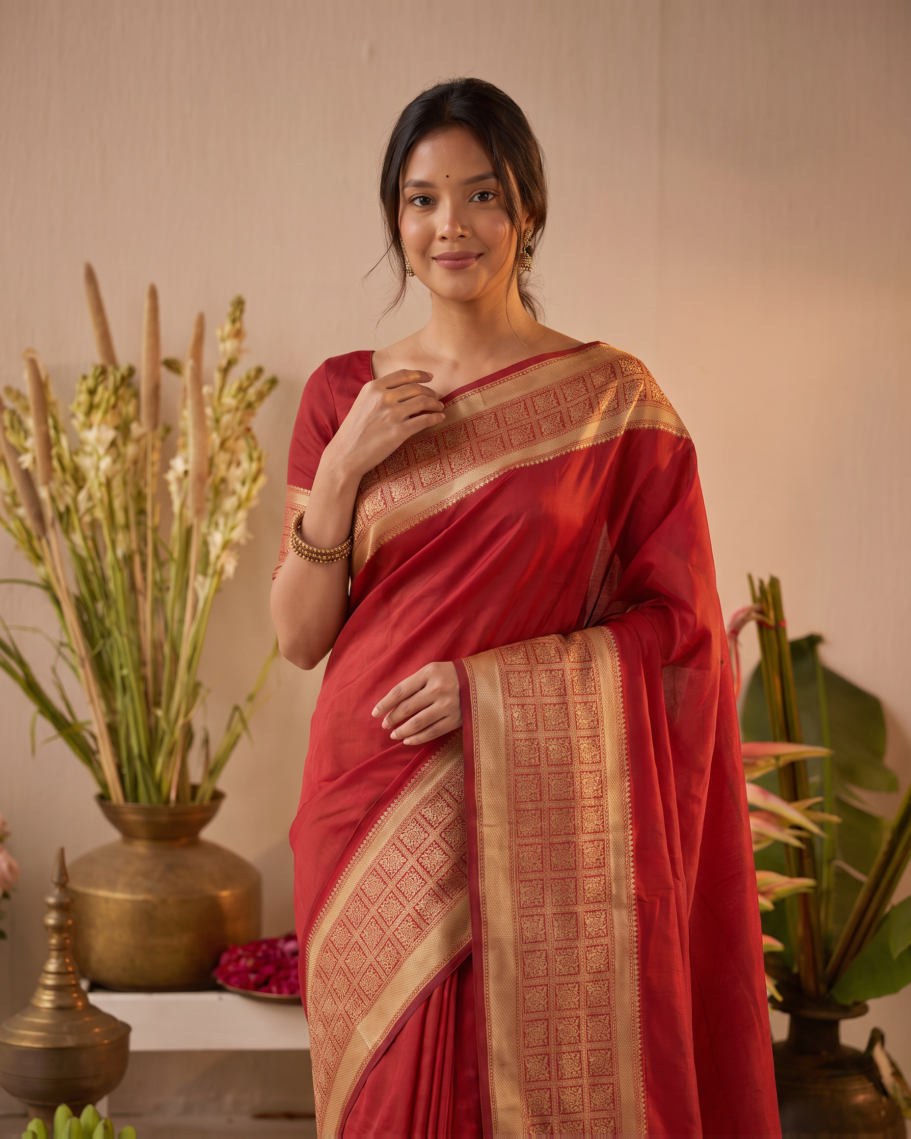 Aaravi Feather Pattern Festive Saree with Light Designer Pallu - Red - upper closeup