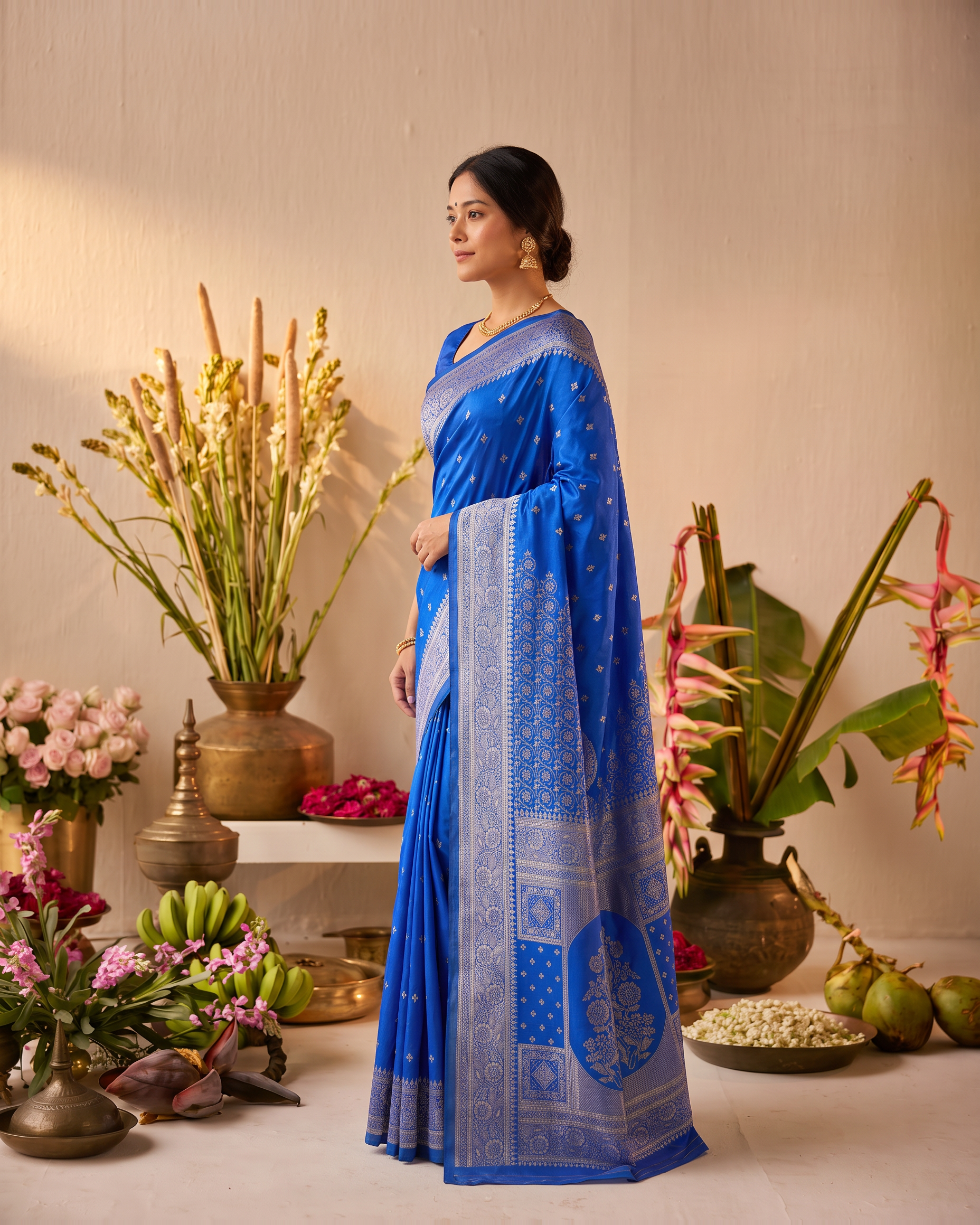 Aaravi Feather Pattern Festive Saree with Light Designer Pallu - Royal Blue - side