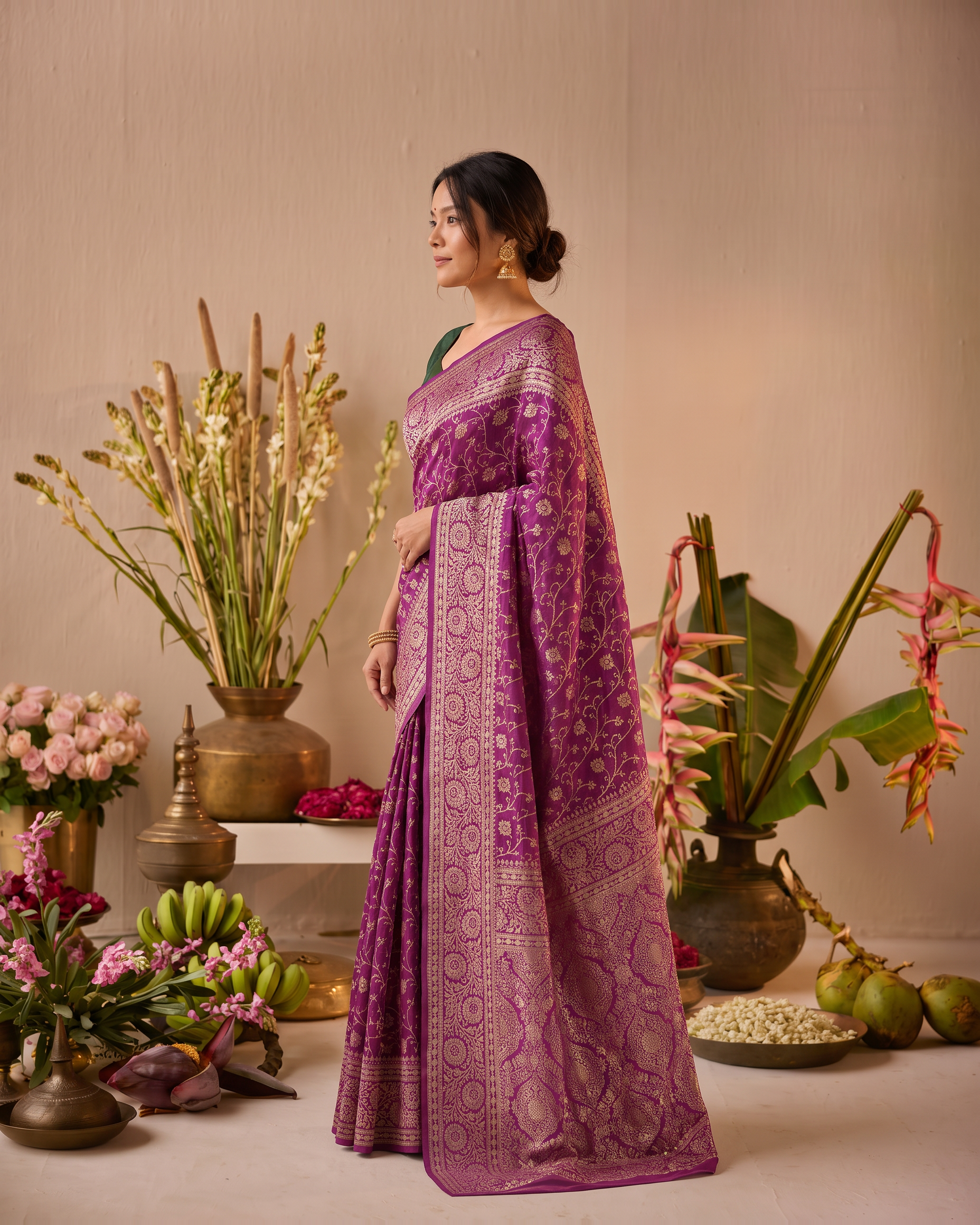 Aaravi Feather Pattern Festive Saree with Light Designer Pallu - Wine - side