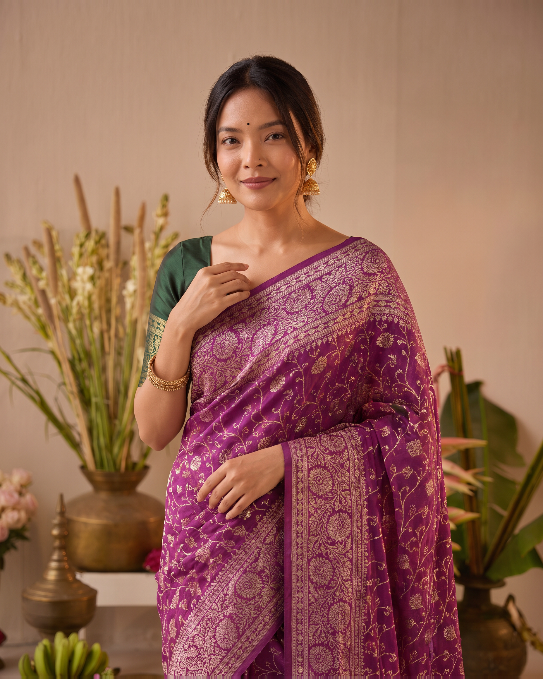 Aaravi Feather Pattern Festive Saree with Light Designer Pallu - Wine - upper closeup