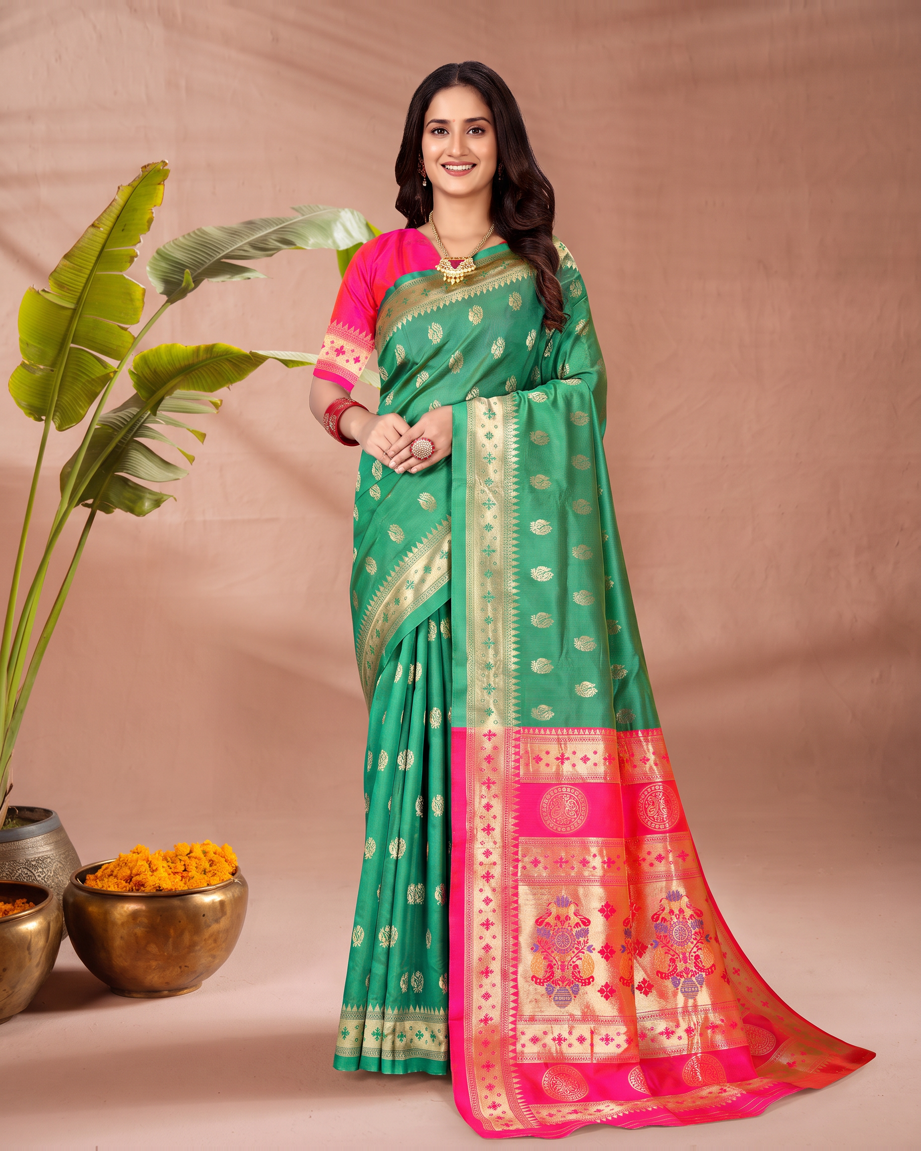 Aarohi Contrast Pallu Paithani Silk Saree - Aqua Green - full saree hero