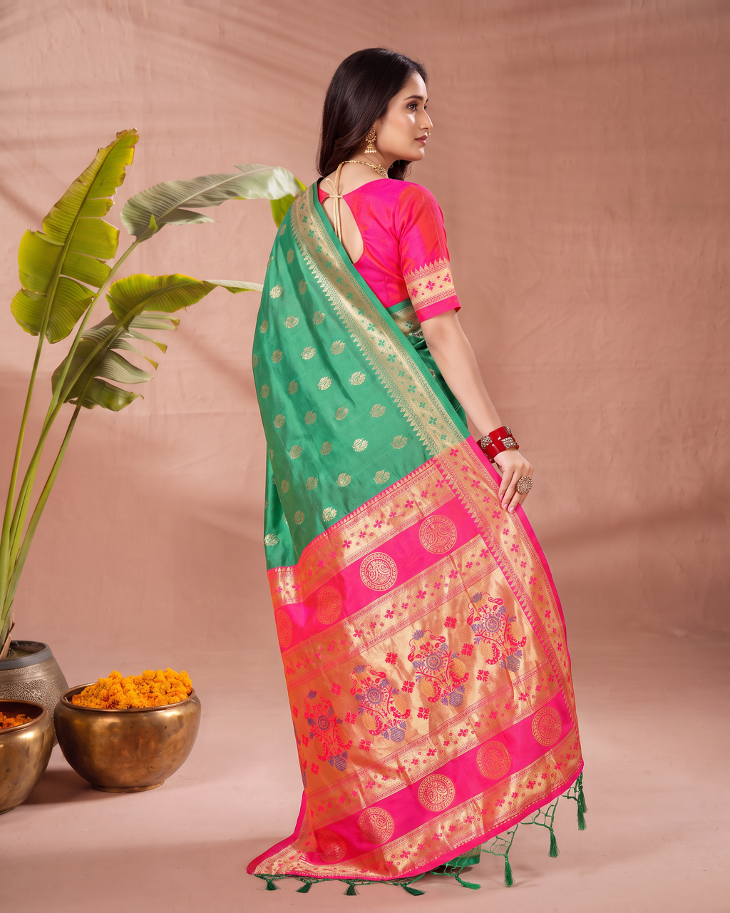 Aarohi Contrast Pallu Paithani Silk Saree - Aqua Green - side drape