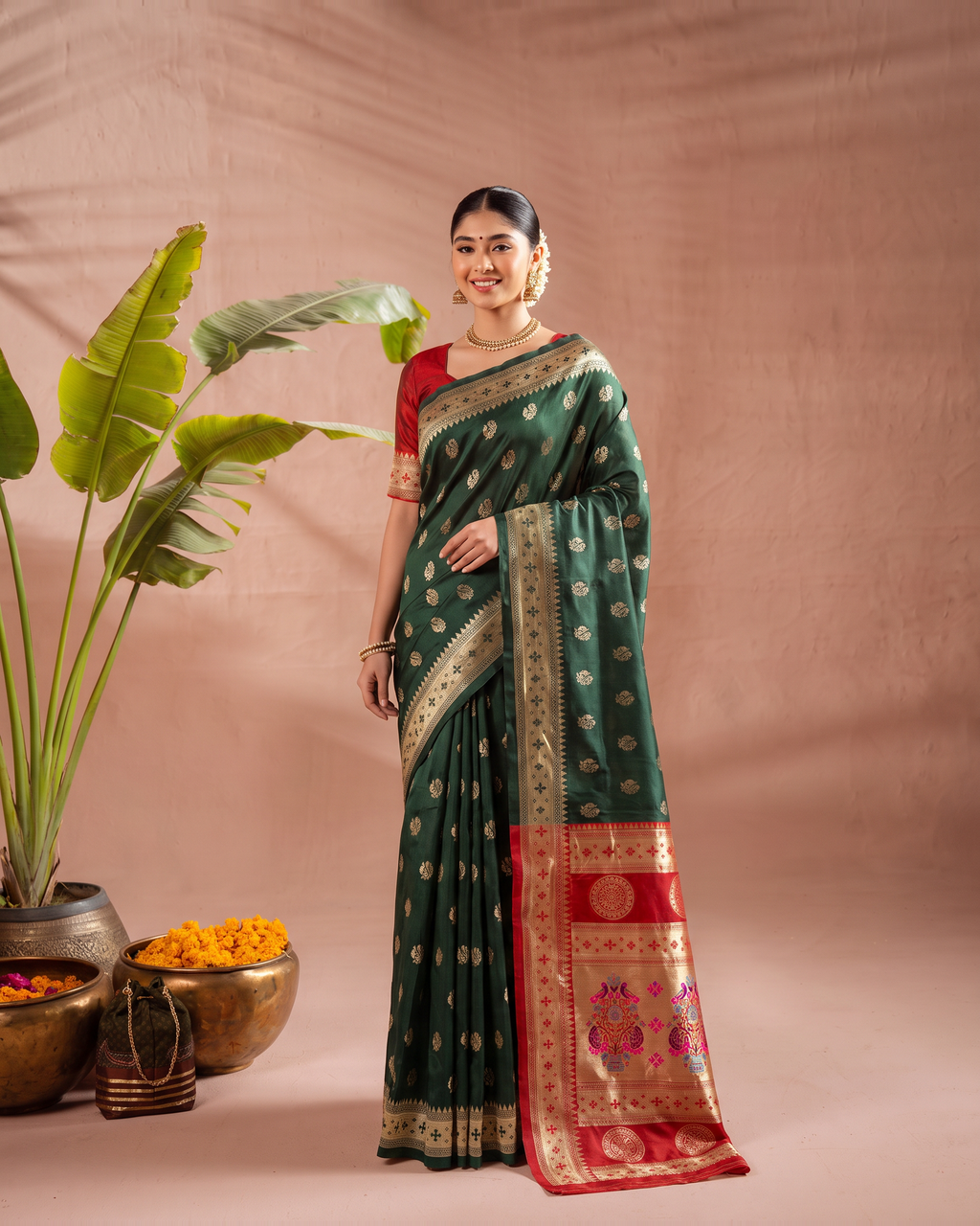 Aarohi Contrast Pallu Paithani Silk Saree - Dark Green - full saree hero